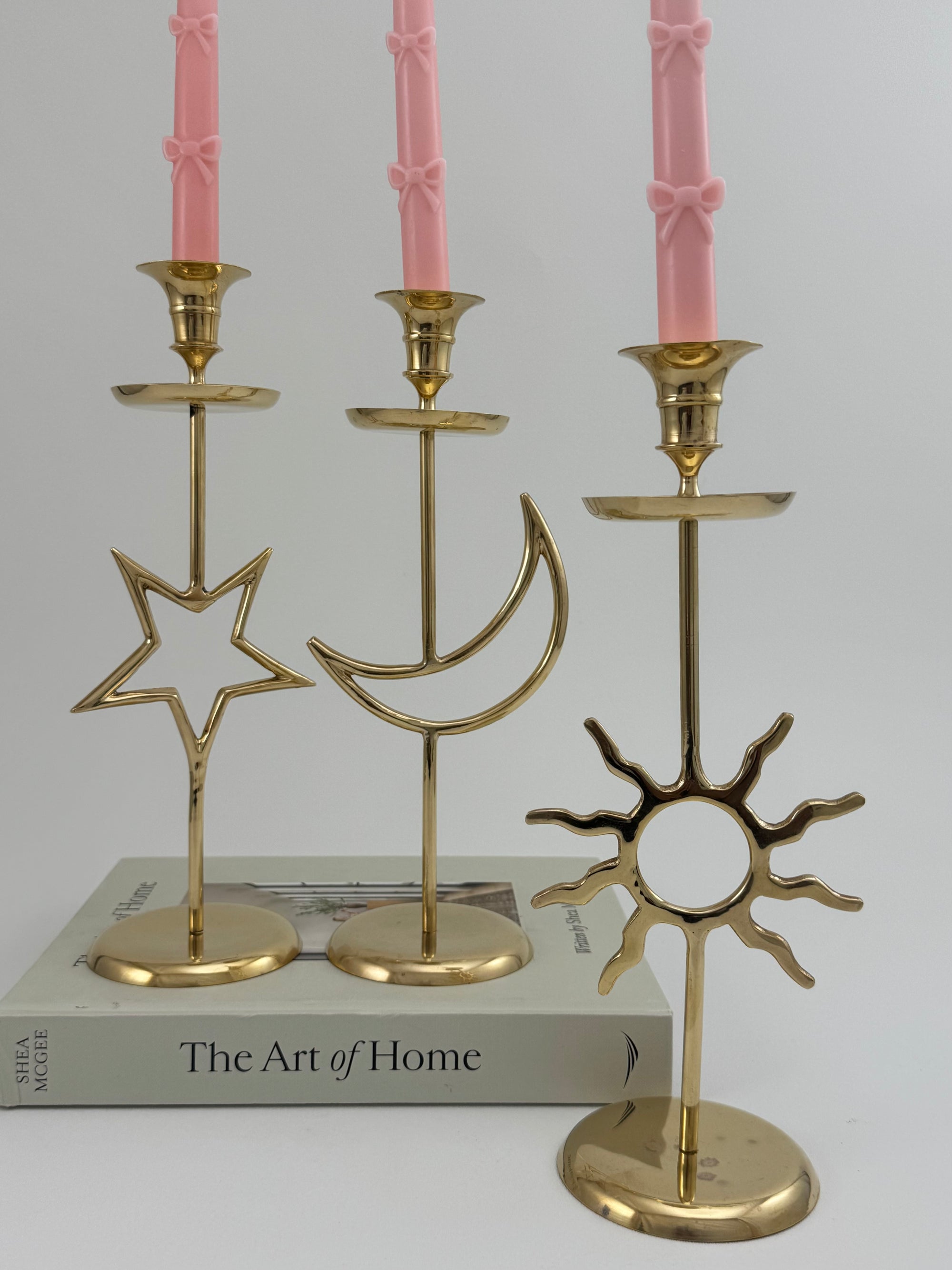 Vintage Brass Sun, Moon &amp; Star Candlestick Trio – Celestial Mid-Century Modern Candle Holders