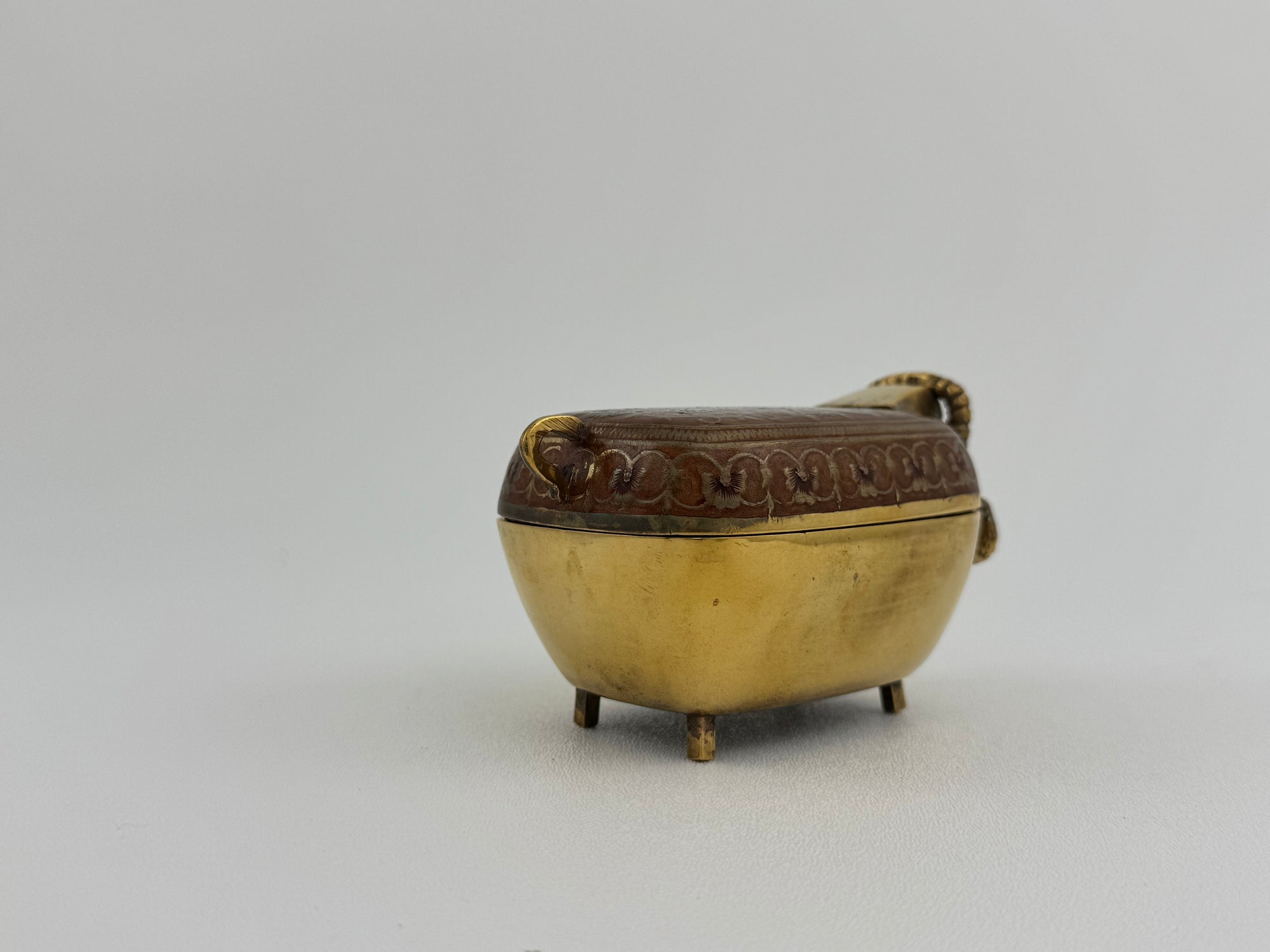 Vintage Brass Goat Trinket Dish With Enameled Etchings
