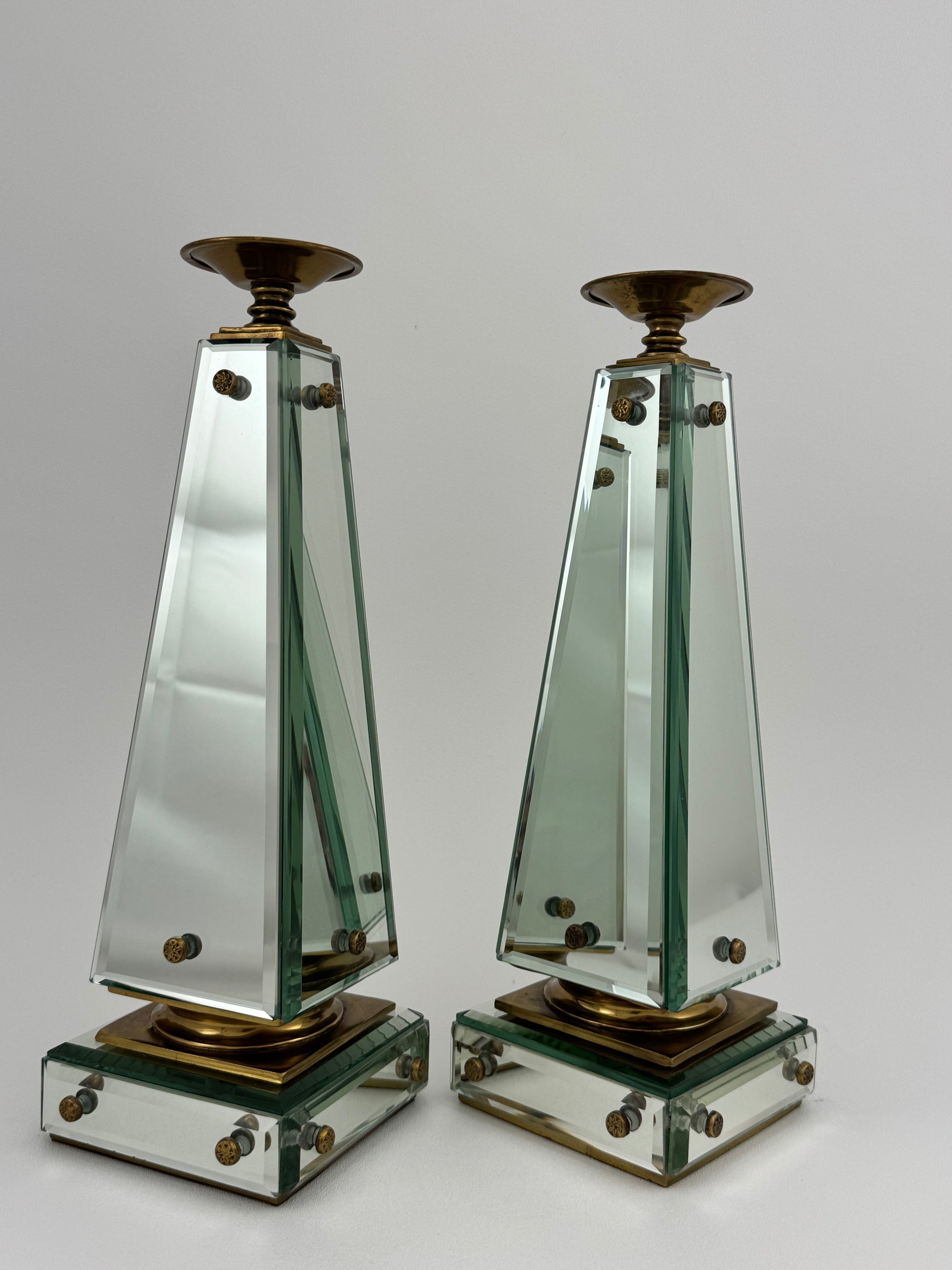 Pair of Vintage Maitland-Smith Mirrored Obelisk Candlesticks