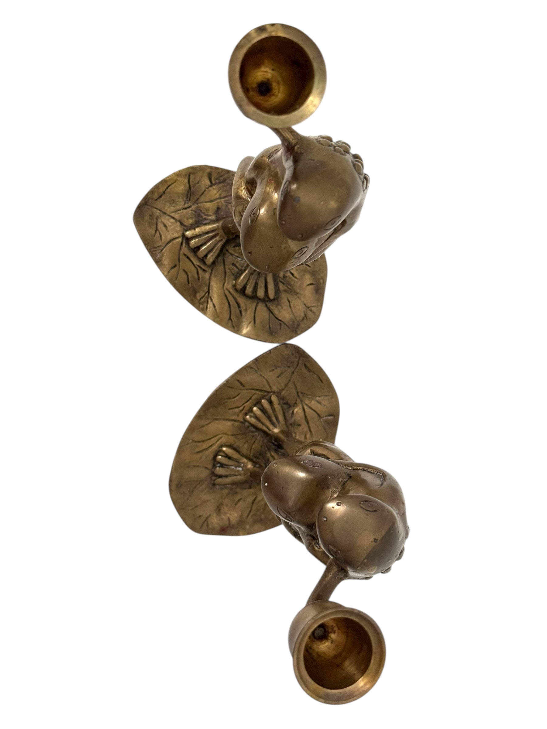 Vintage Brass Frog Couple Candle Holders | Mid-Century Whimsical Pair on Lily Pads