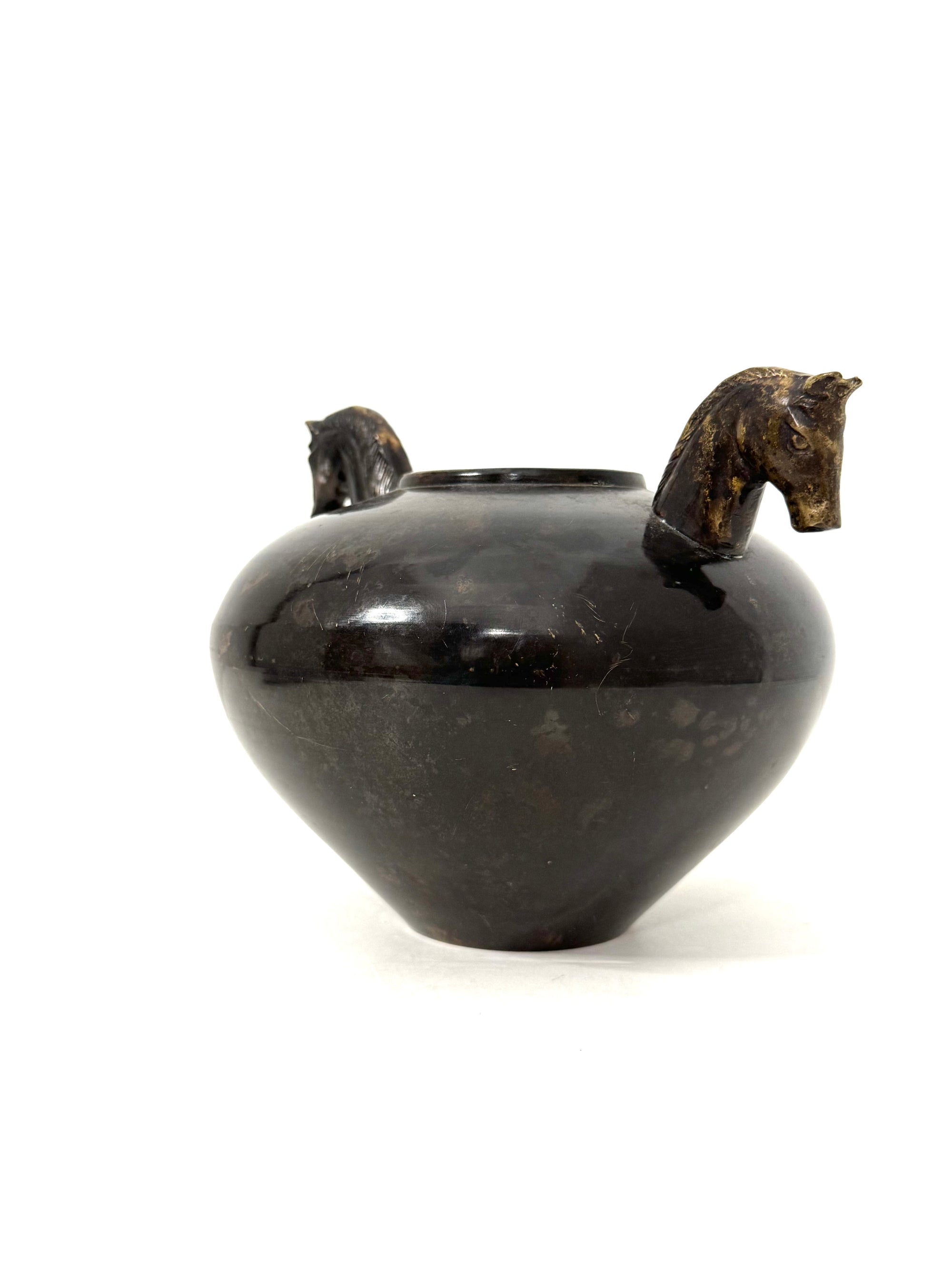 Vintage Bronze Horse Head Vessel | Dual Horse Sculpture Vase