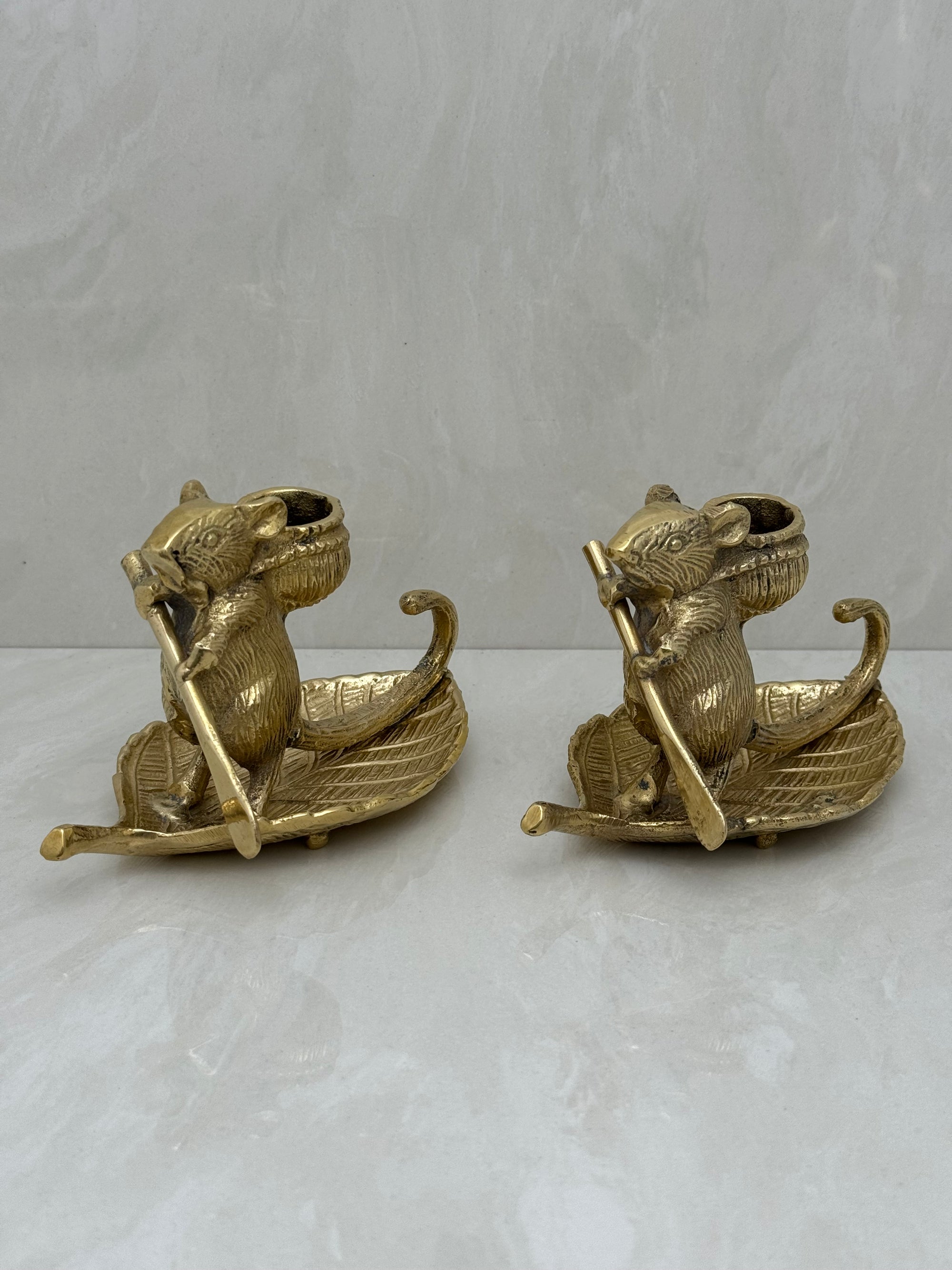 Whimsical Vintage Bronze Mouse Candleholders – Leaf Boats- A Pair