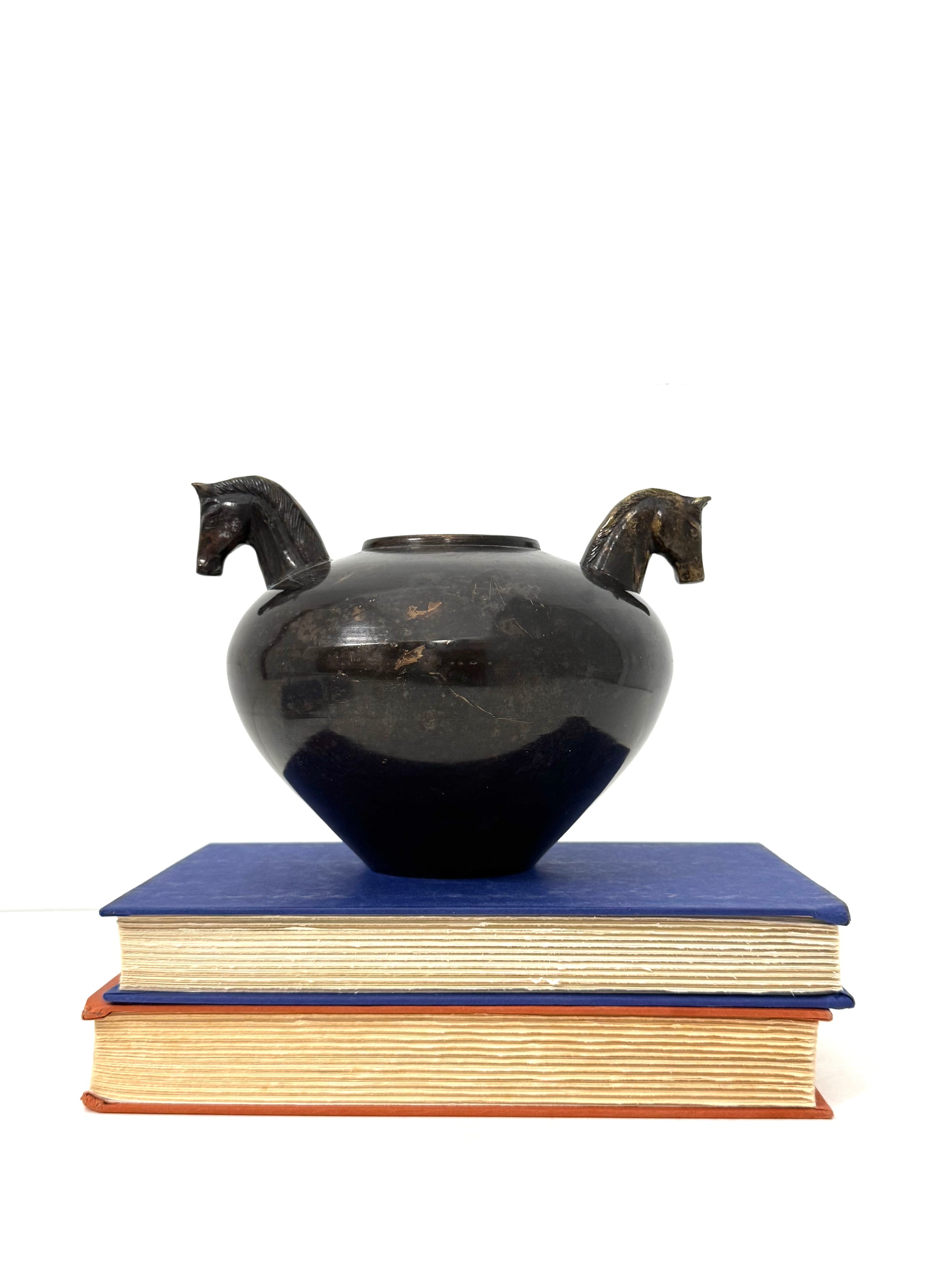 Vintage Bronze Horse Head Vessel | Dual Horse Sculpture Vase