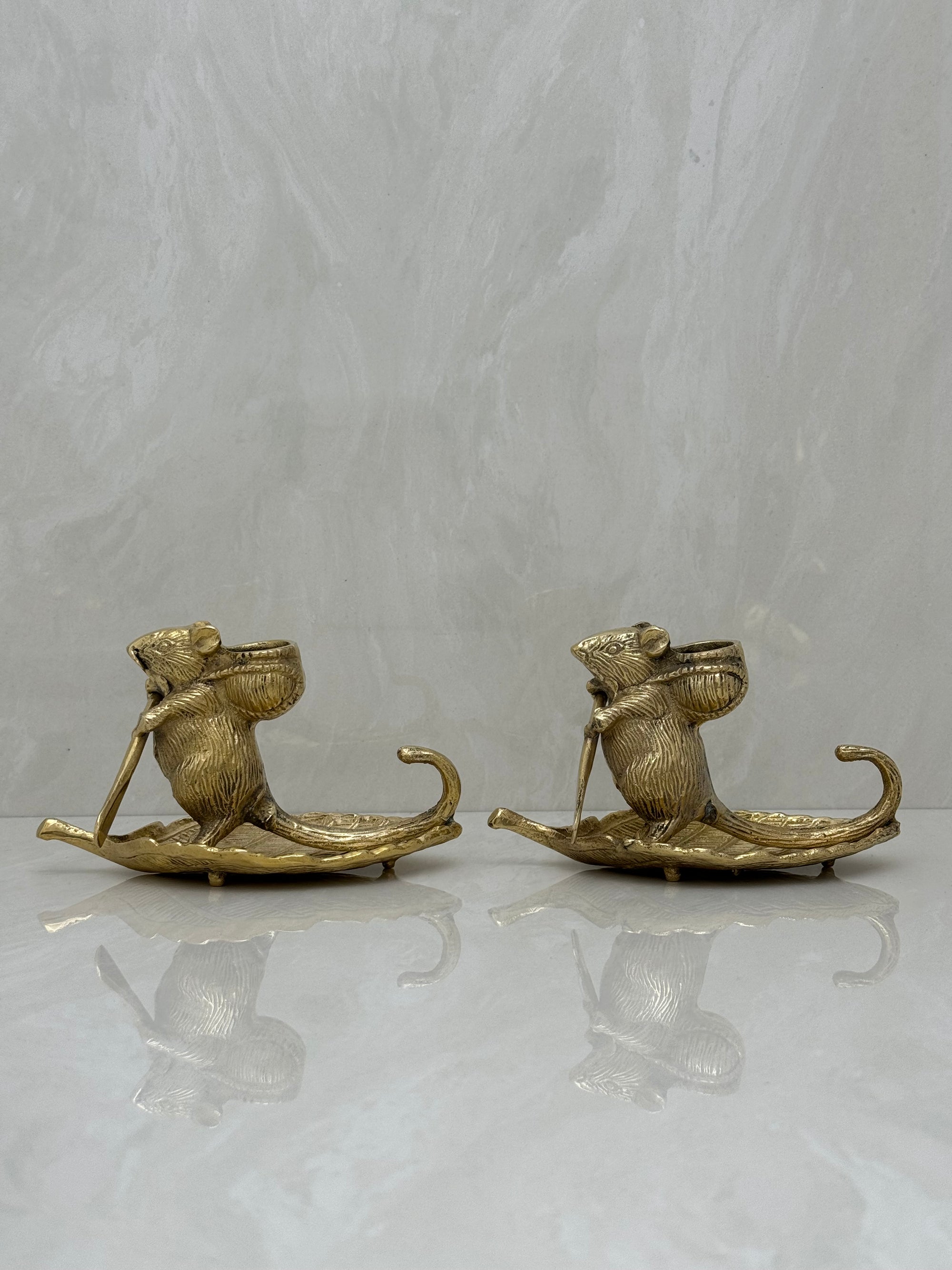 Whimsical Vintage Bronze Mouse Candleholders – Leaf Boats- A Pair