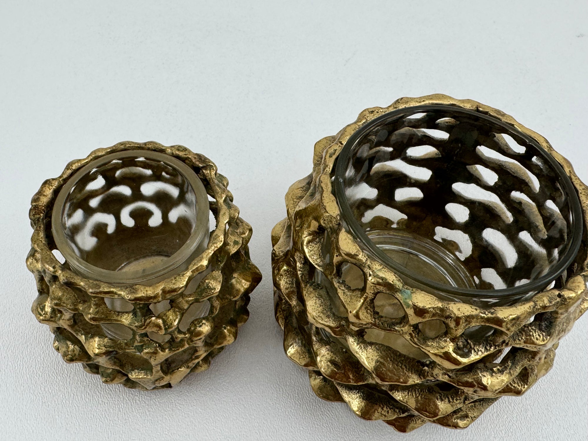 Vintage Brass Brutalist Style Candleholders With Glass Inserts-A Pair