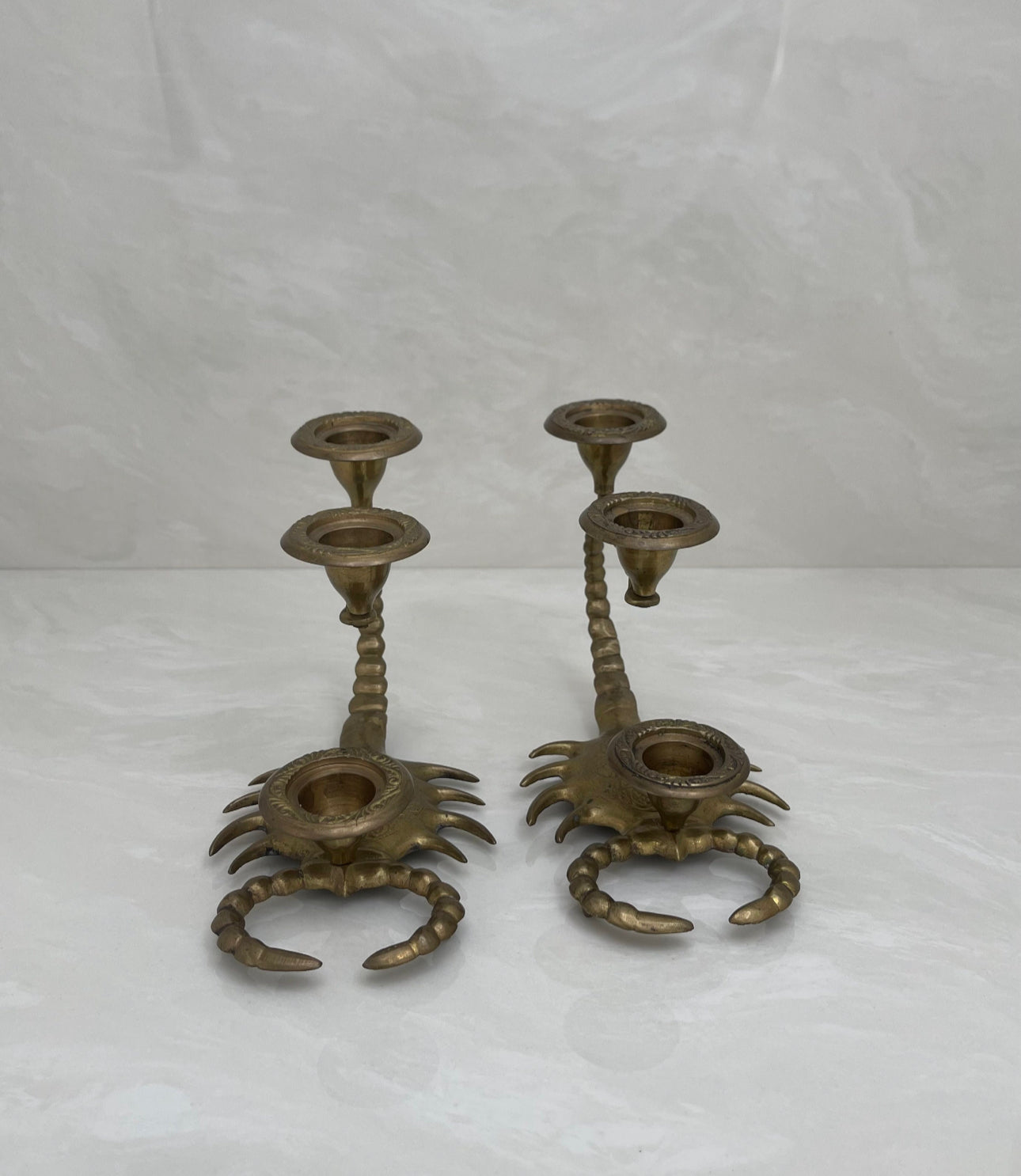 Naturally Aged Vintage Brass Scorpion Candelabras-A Pair