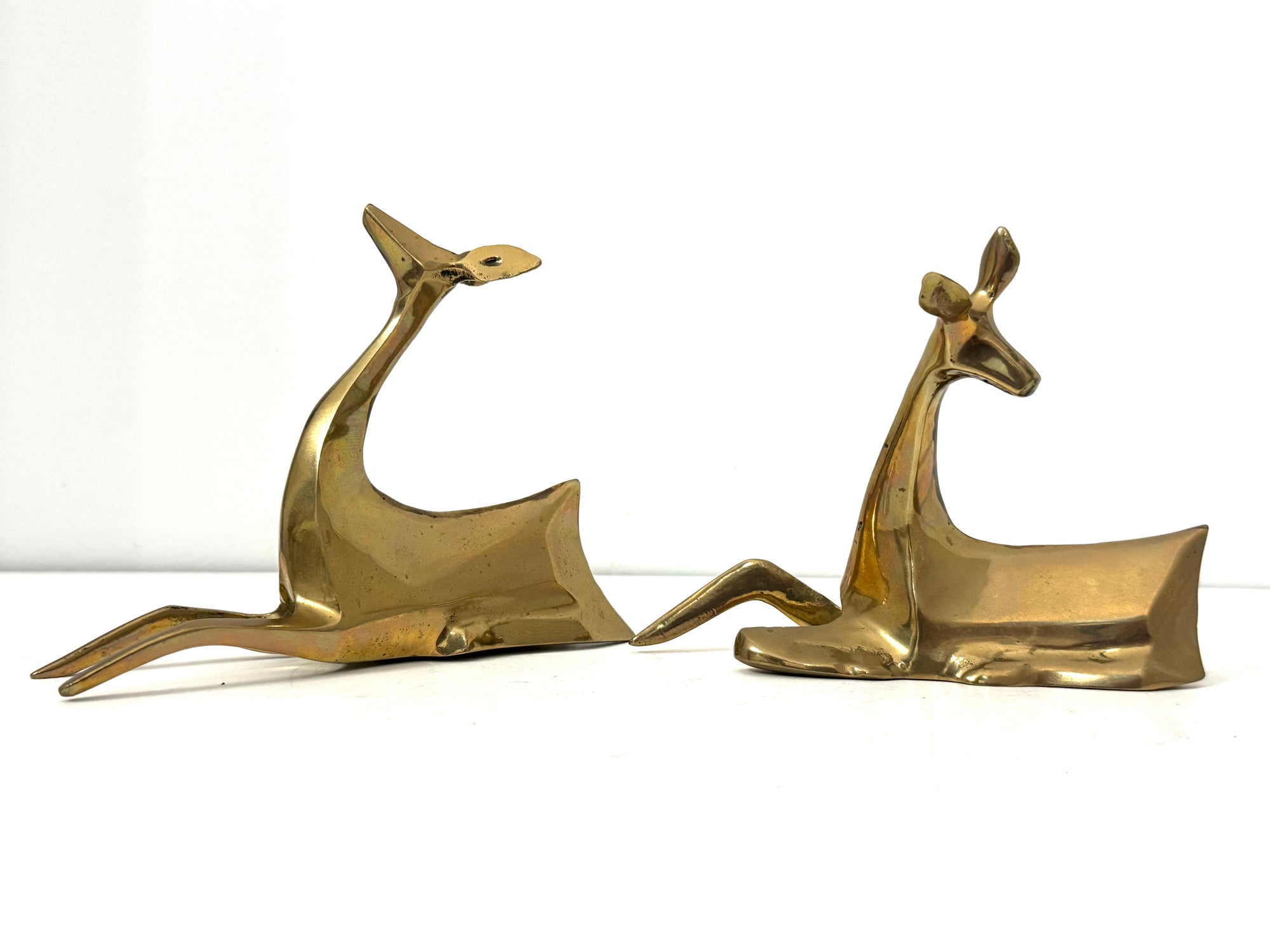 1984 Enesco Brass Deer Sculptures — Abstract Mid-Century Modern Pair, Made in Korea