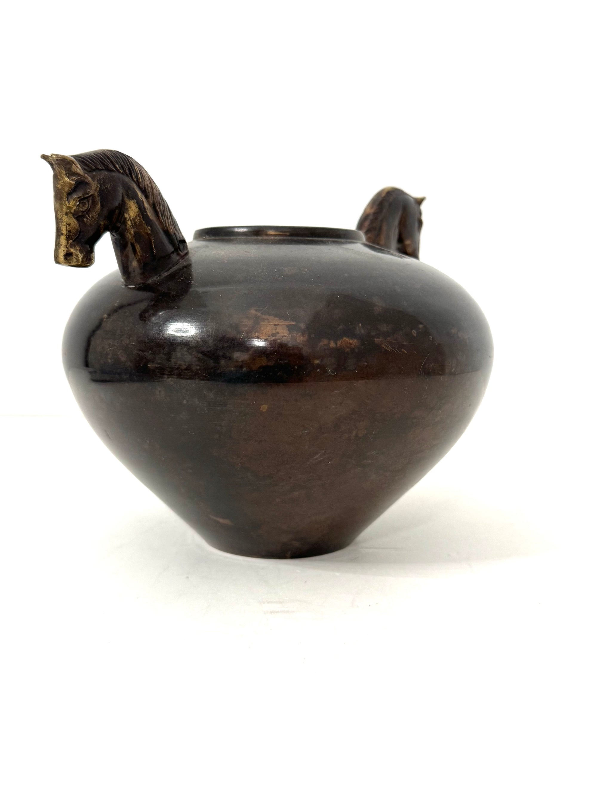 Vintage Bronze Horse Head Vessel | Dual Horse Sculpture Vase