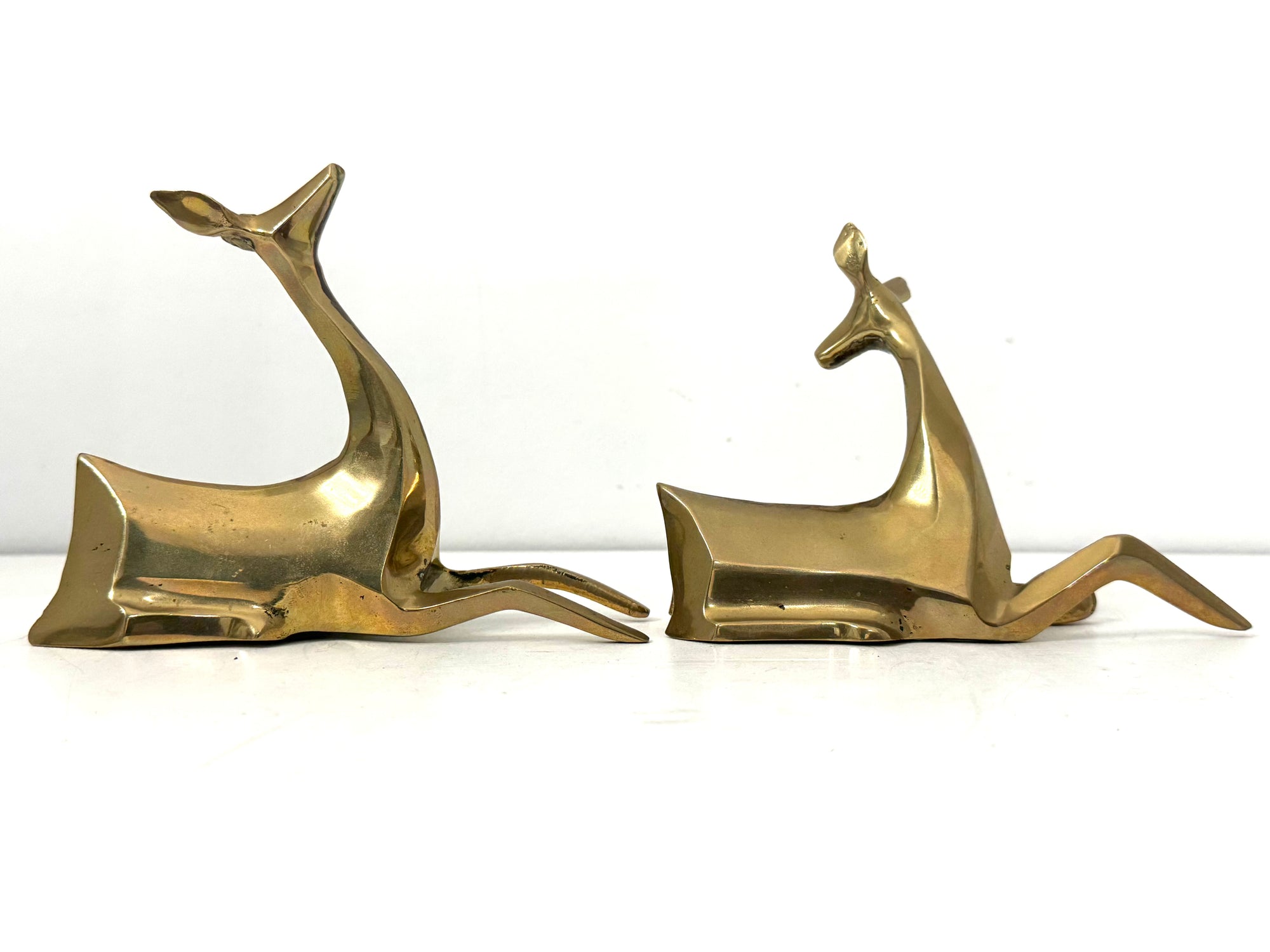 1984 Enesco Brass Deer Sculptures — Abstract Mid-Century Modern Pair, Made in Korea