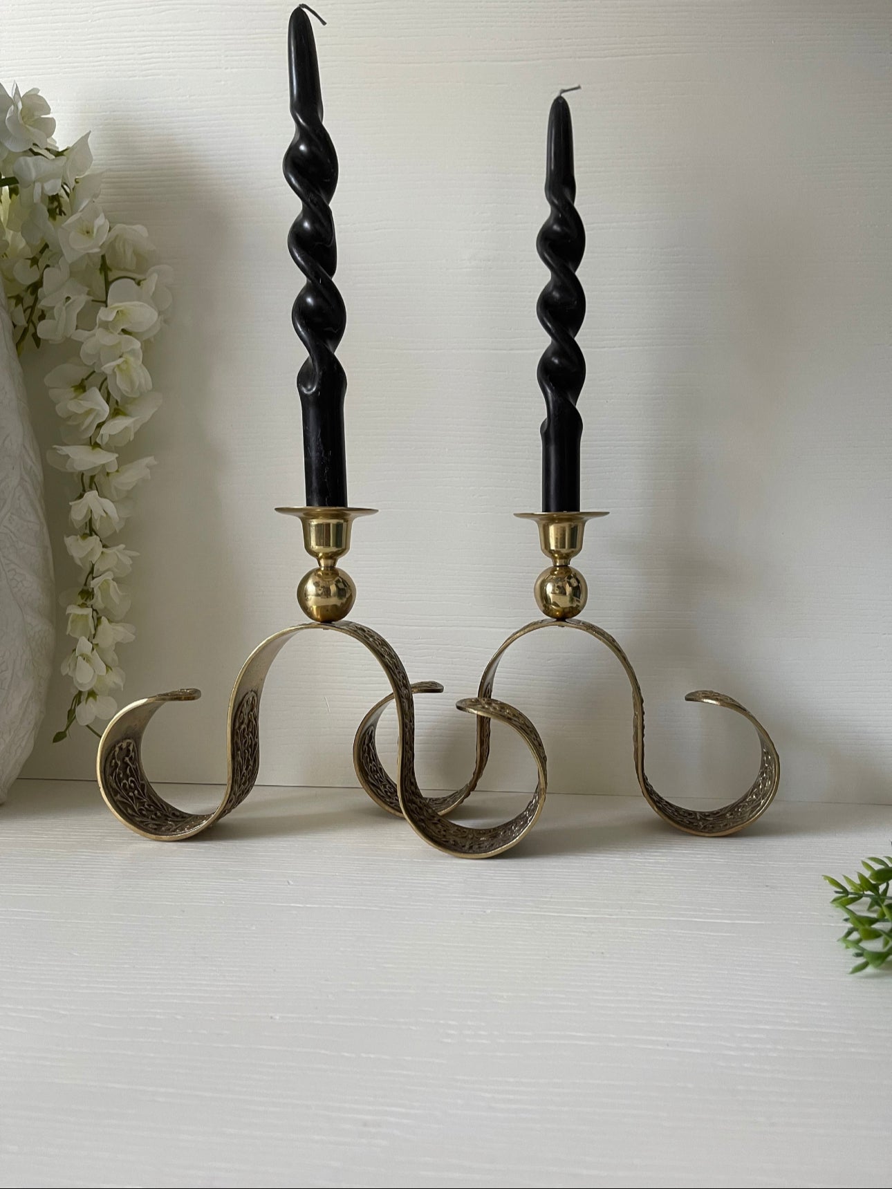 Vintage Brass Candlestick Holders with Scrollwork- A Pair