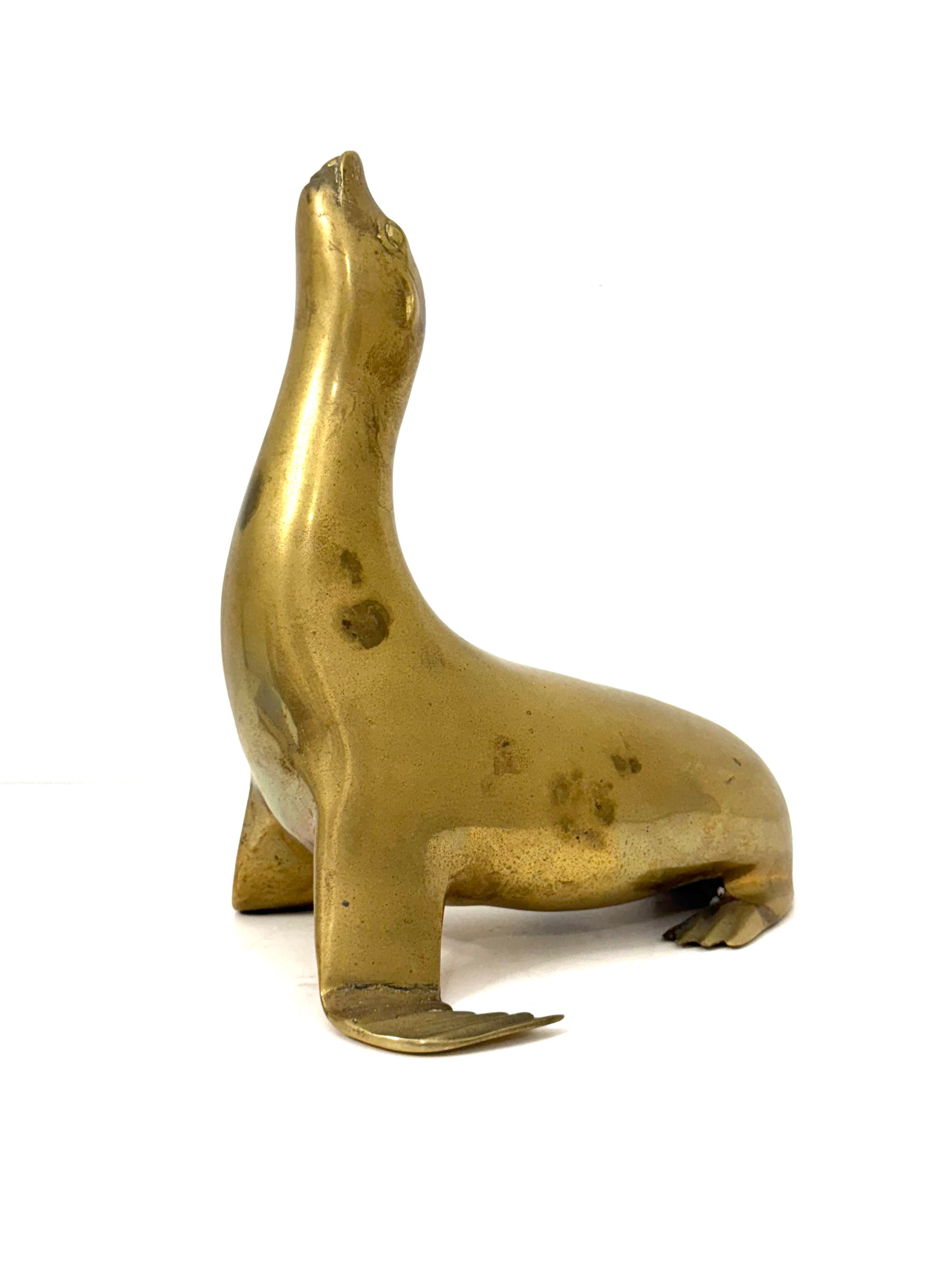 Vintage Brass Sea Lion Sculpture – Mid-Century Modern Marine Art | Made in Korea | Hollywood Regency Coastal Decor