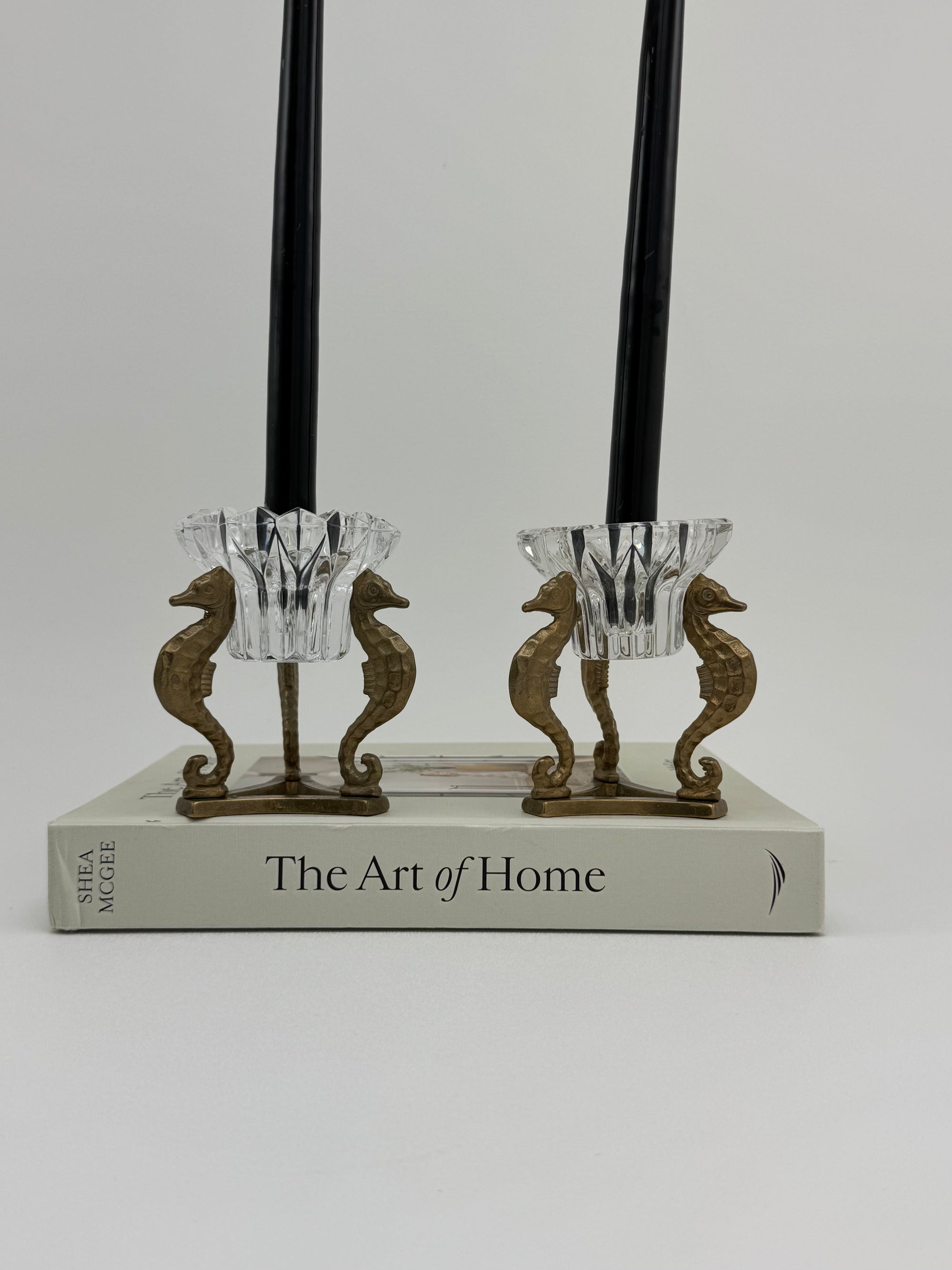 Vintage Brass Seahorse Stands with Crystal Inserts-A Pair