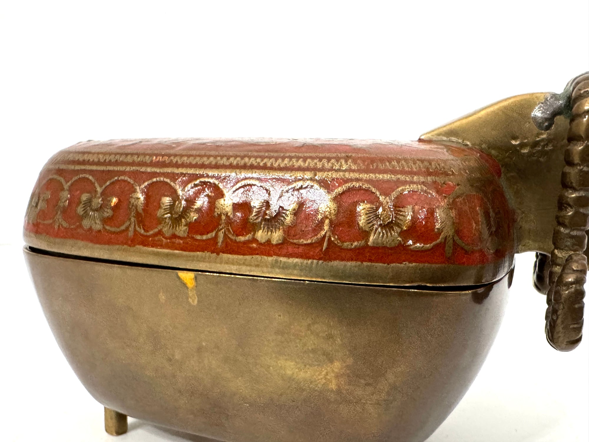 Vintage Brass Ram Trinket Box with Red Floral Enamel Lid | Mid-Century Decorative Storage Box