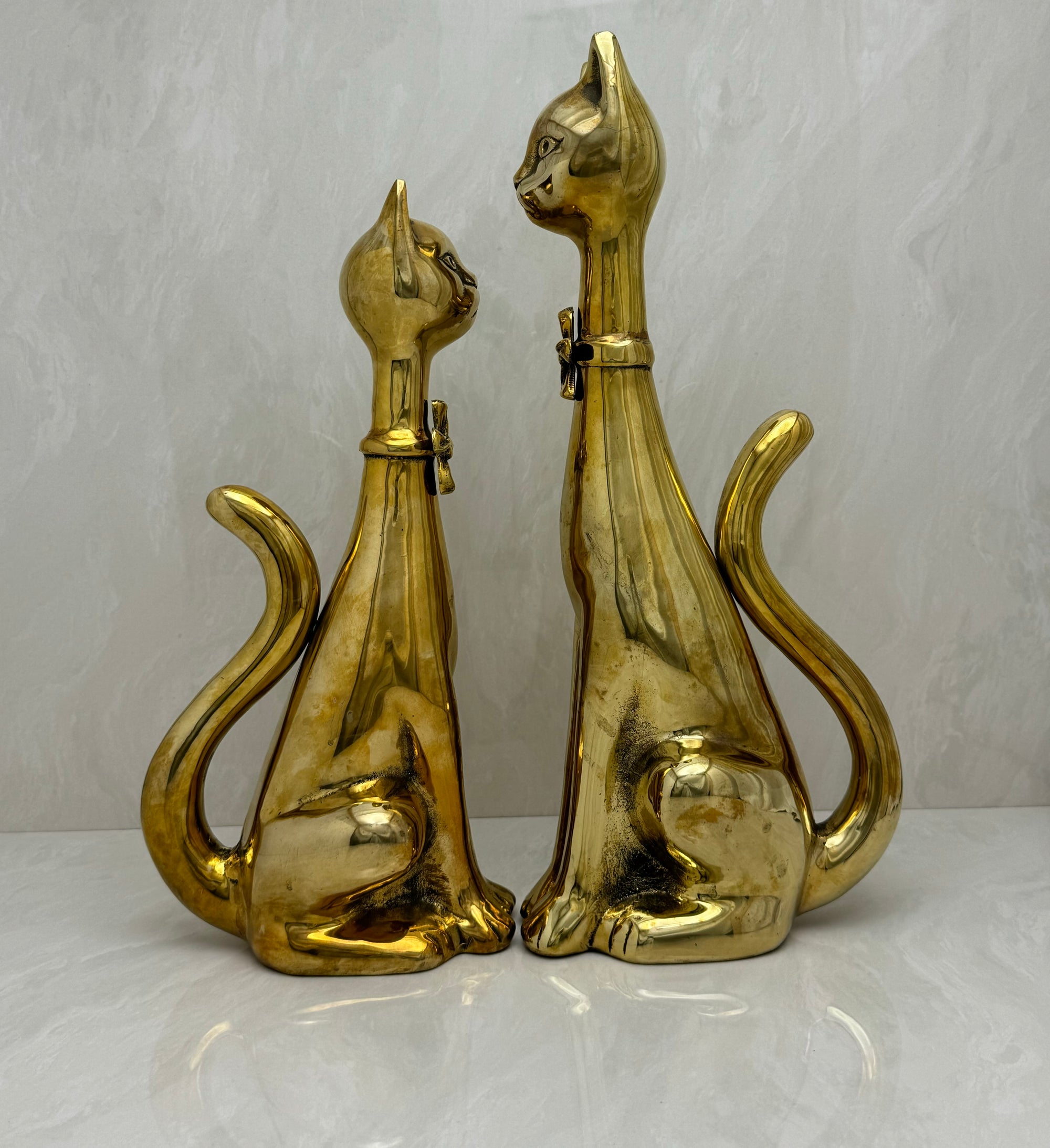 Large Vintage Brass Cats With Bow Tie-A Pair