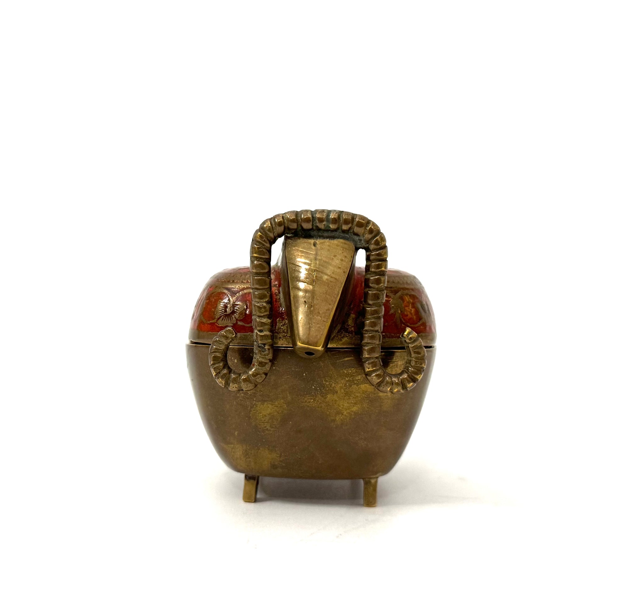 Vintage Brass Ram Trinket Box with Red Floral Enamel Lid | Mid-Century Decorative Storage Box