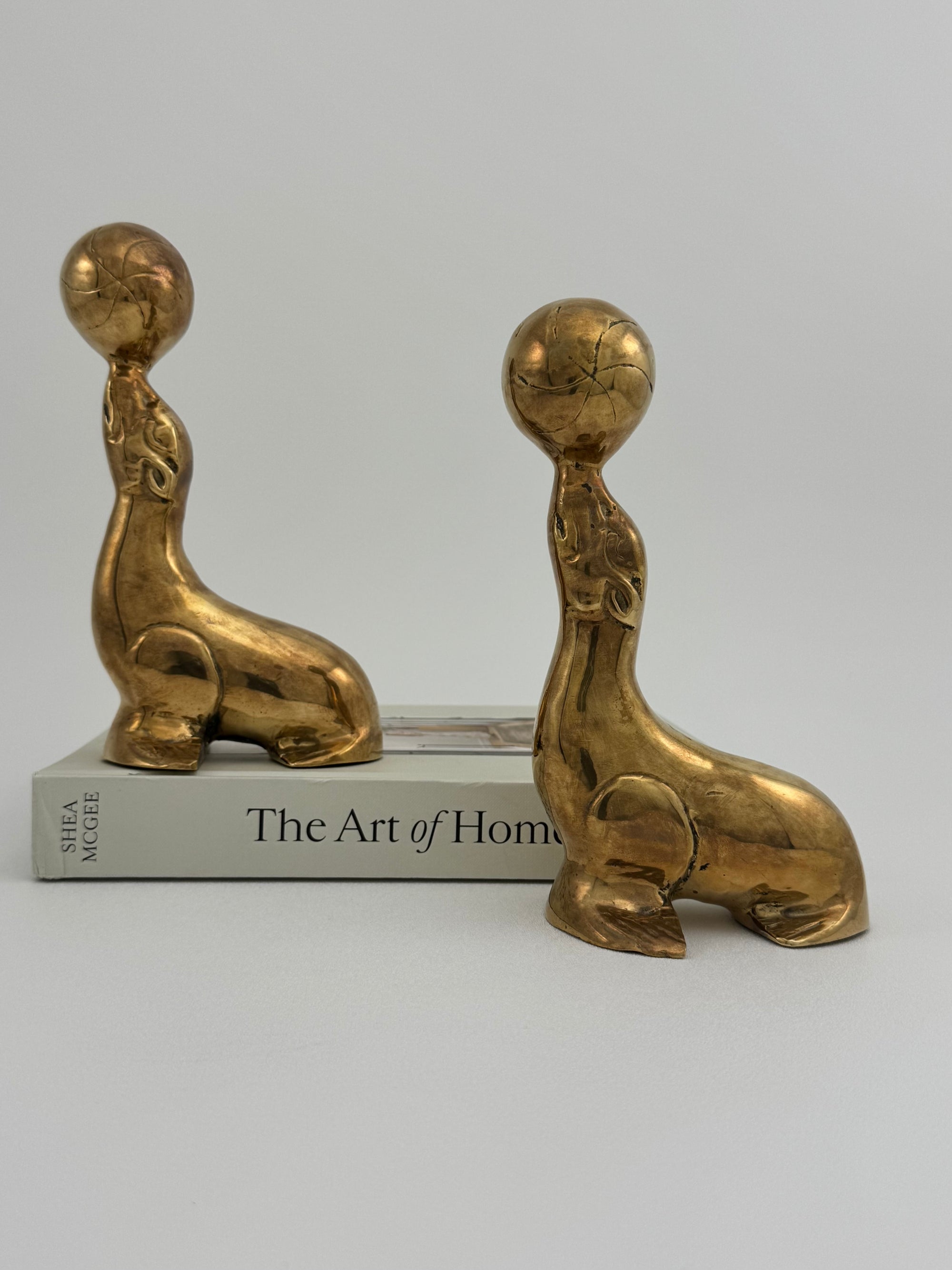 Vintage Brass Seal Bookends with Ball-A Pair