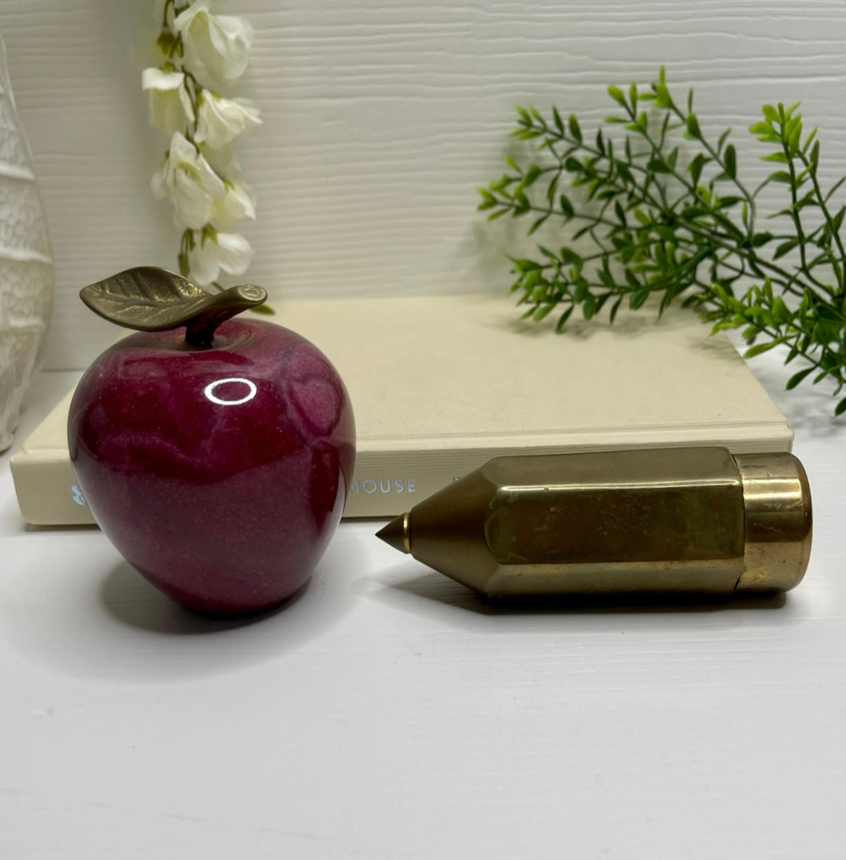 Vintage Apple with Brass Pencil Trinket Holder- A Set