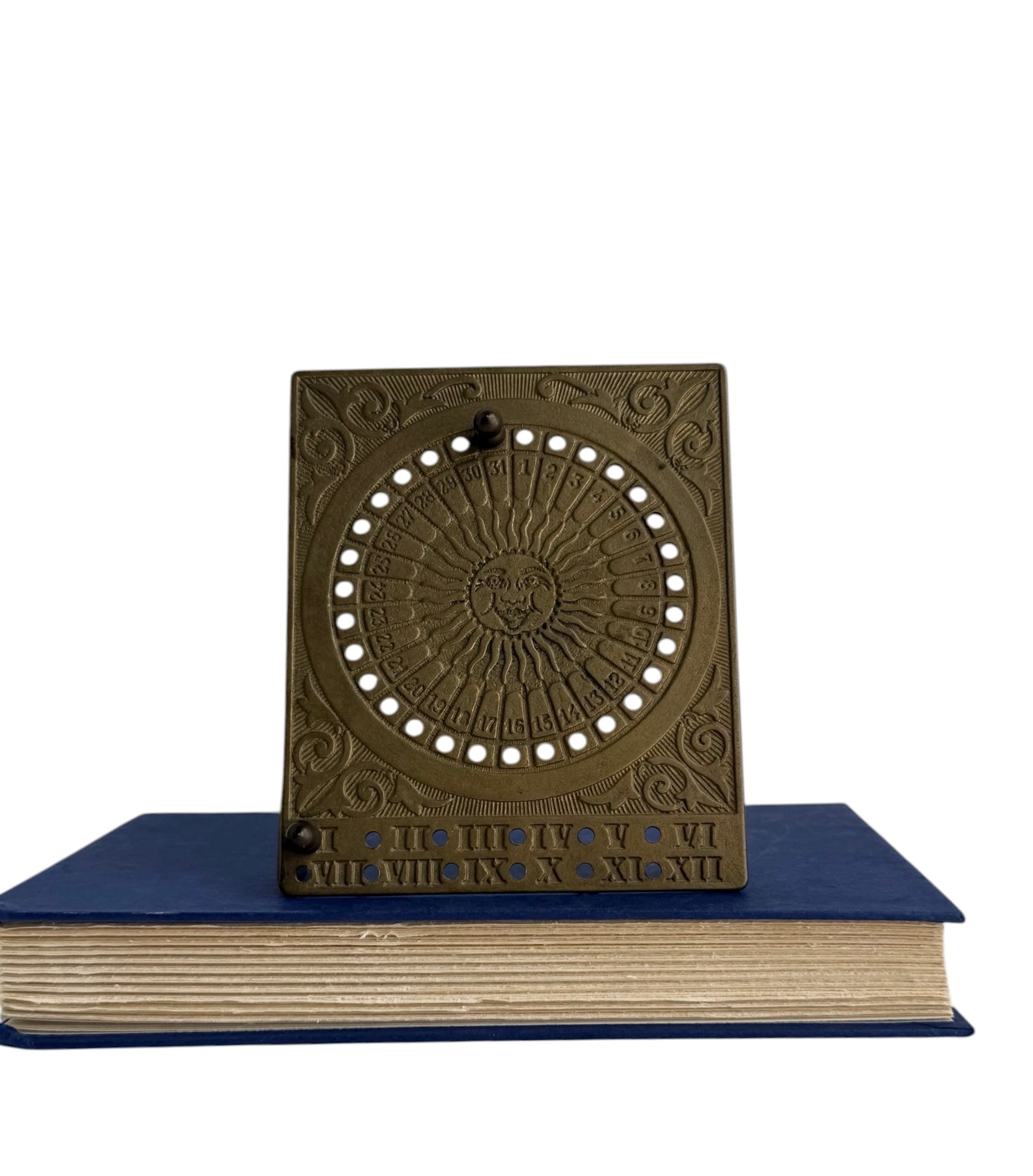 Vintage Brass Sundial Desk Calendar with Pegs