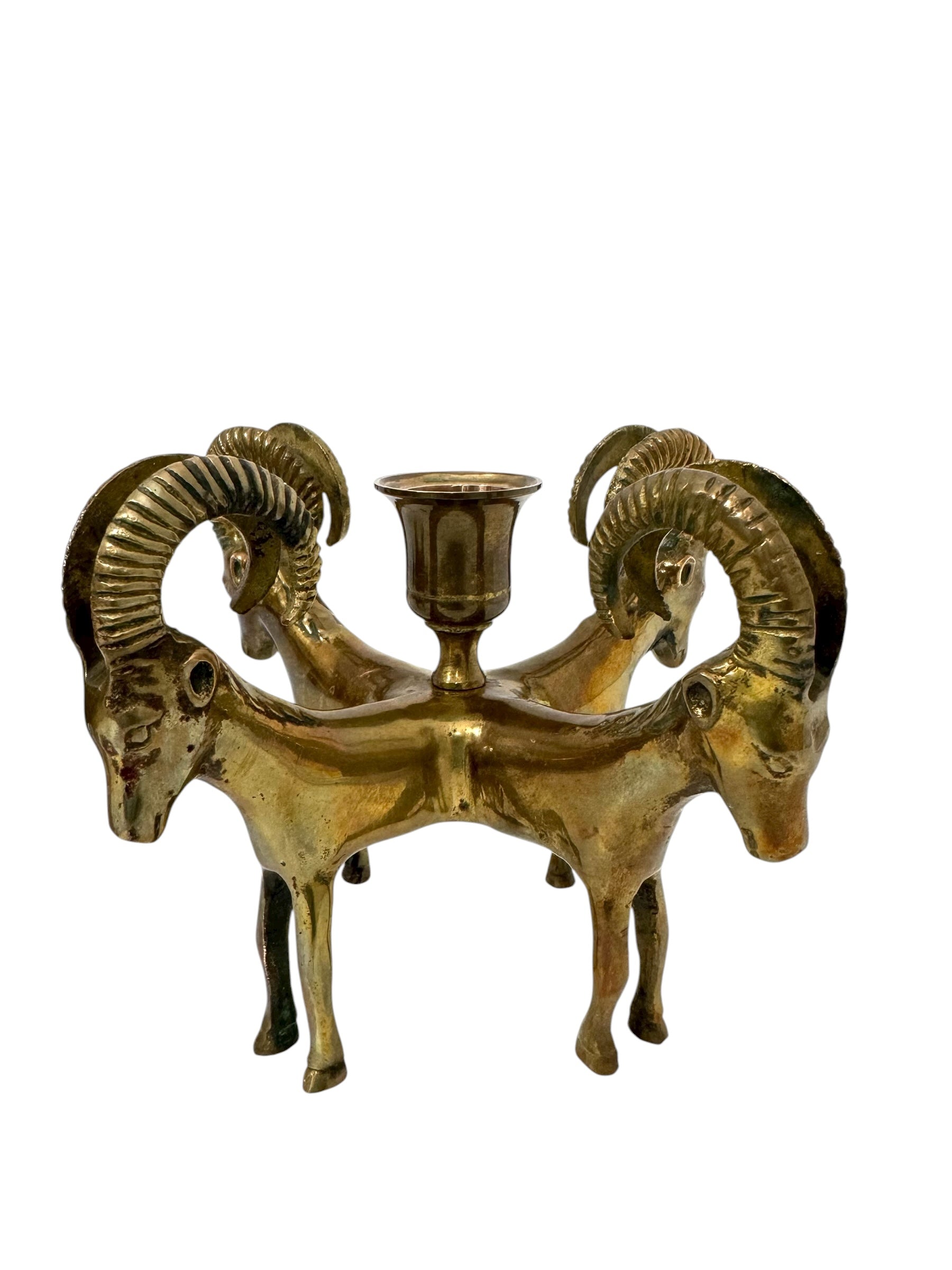 Exceptional Pair of Vintage Four-Headed Ram Brass Candleholders – MCM Sculptural Decor | Hollywood Regency Masterpieces