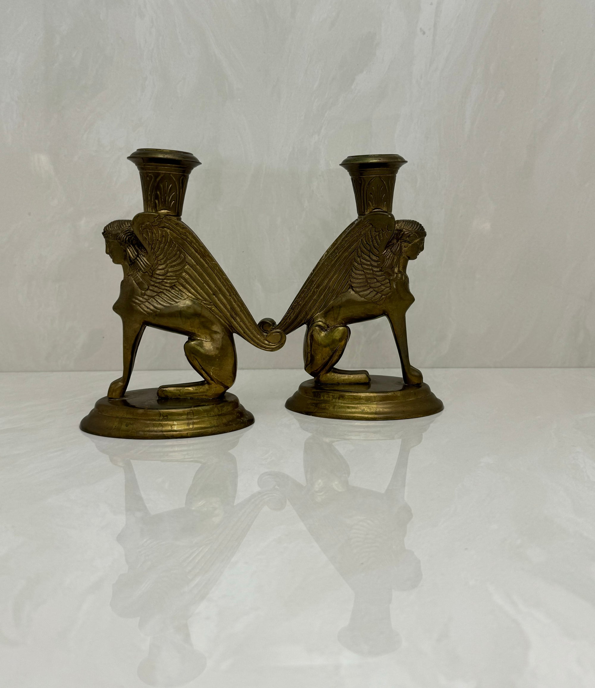 Vintage Brass Winged Sphinx Candleholders-A Pair