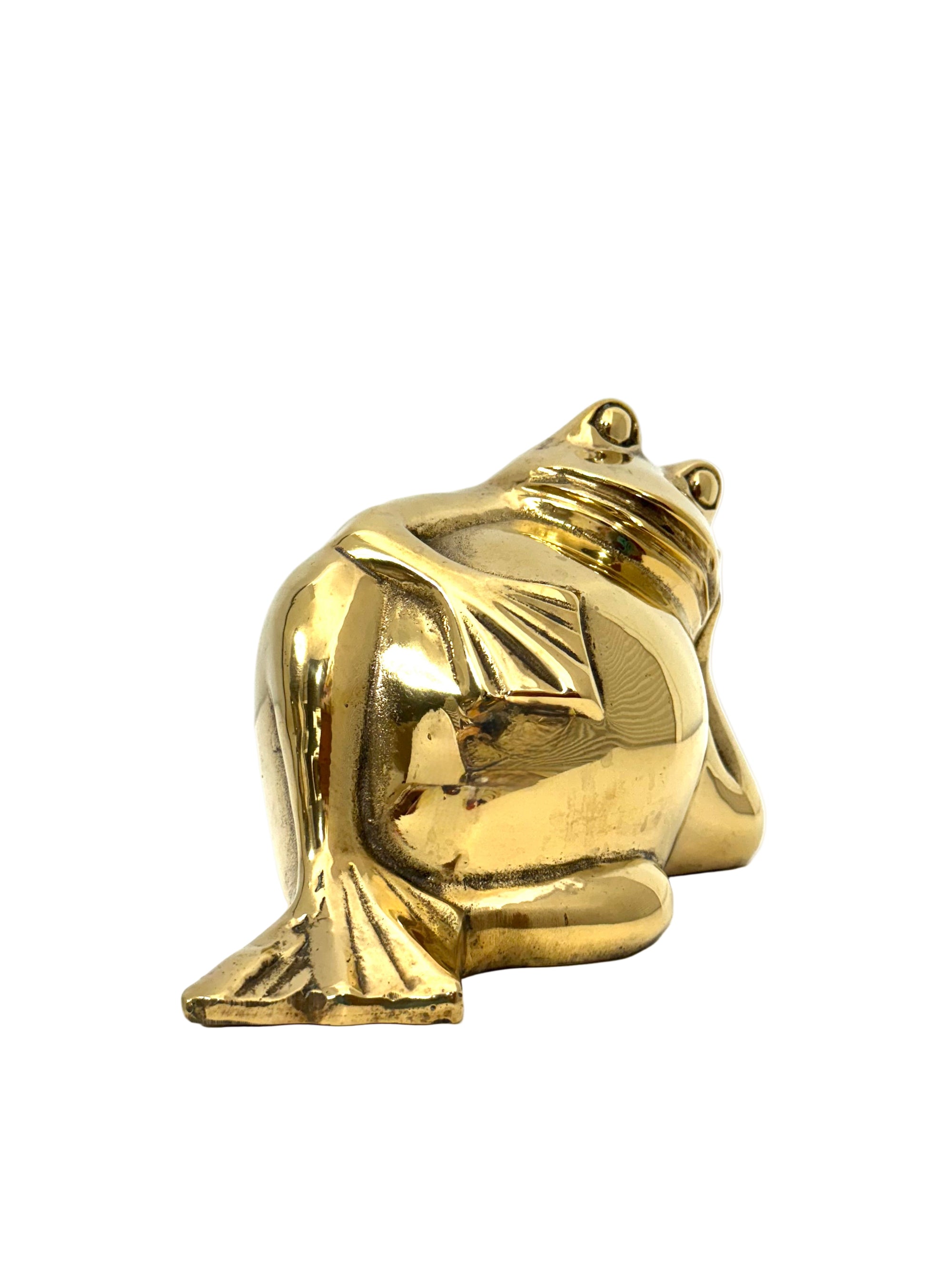 Vintage Polished Unlacquered Brass Relaxed Frog Sculpture Over 3 Pounds- Made in Korea