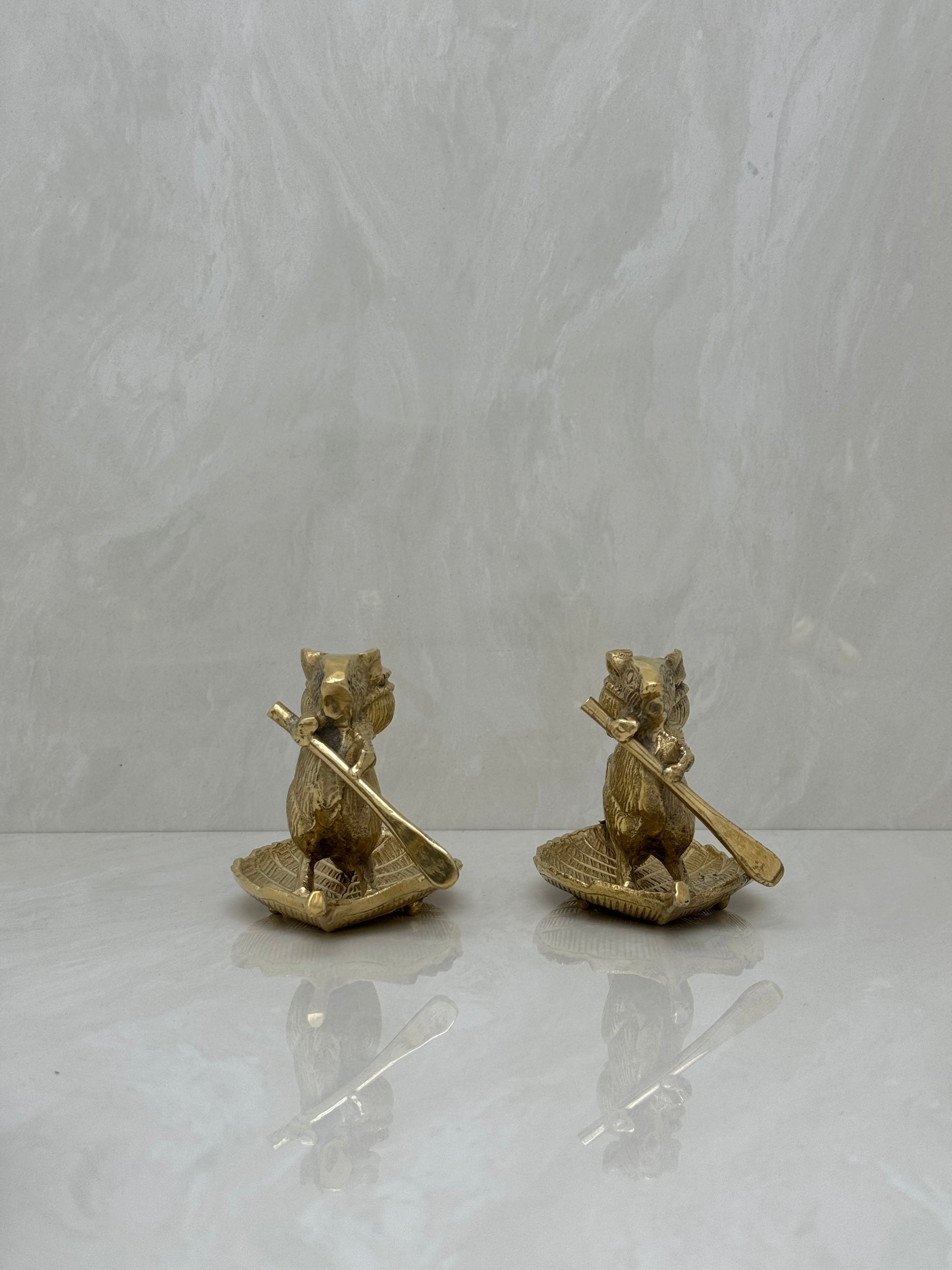 Whimsical Vintage Bronze Mouse Candleholders – Leaf Boats- A Pair