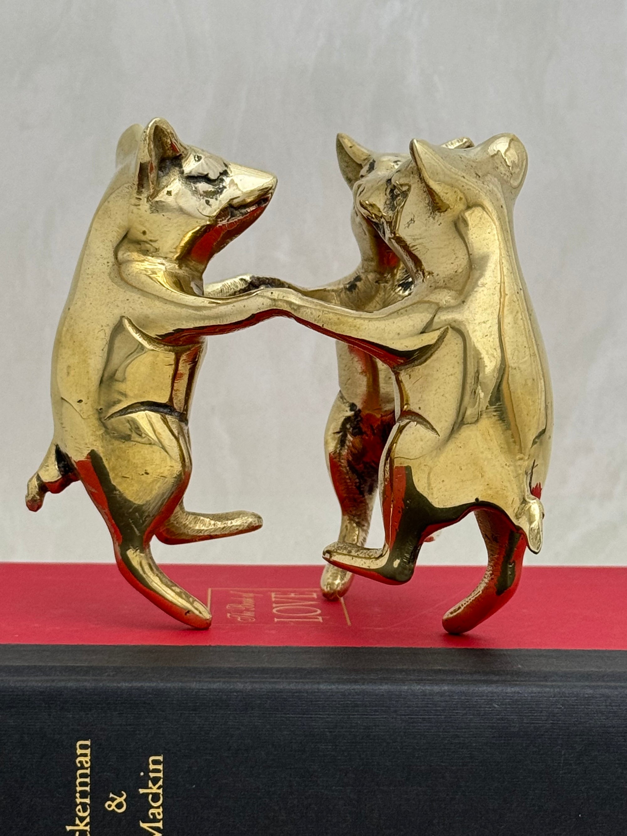 Vintage Brass Frolicking Pigs Holding Hands