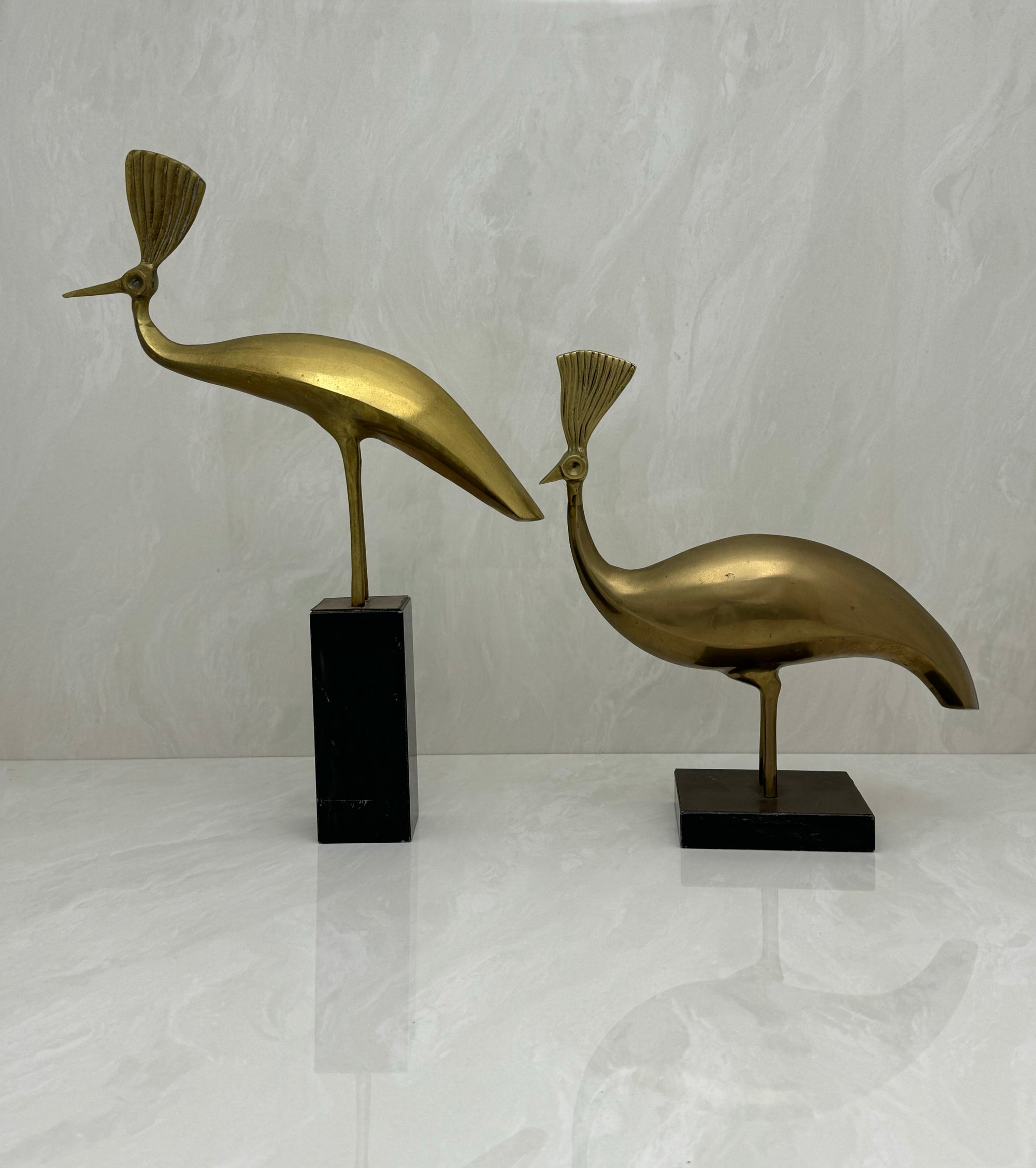 Vintage Brass Peacocks on Marble Bases- A Pair by Rosenthal Netter