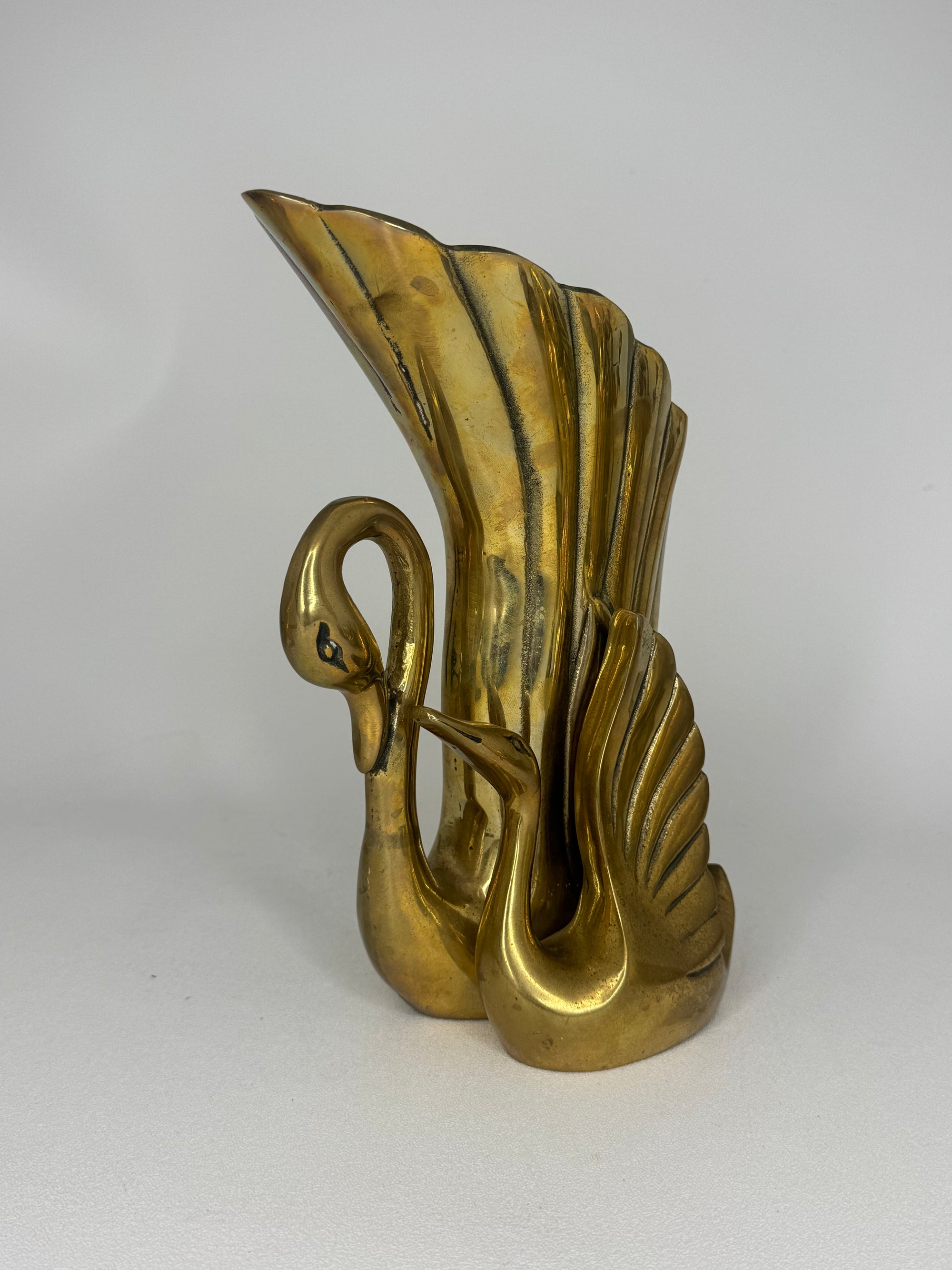 Vintage Brass Swan Vase – Hollywood Regency Sculptural Vessel | 9.75” Tall