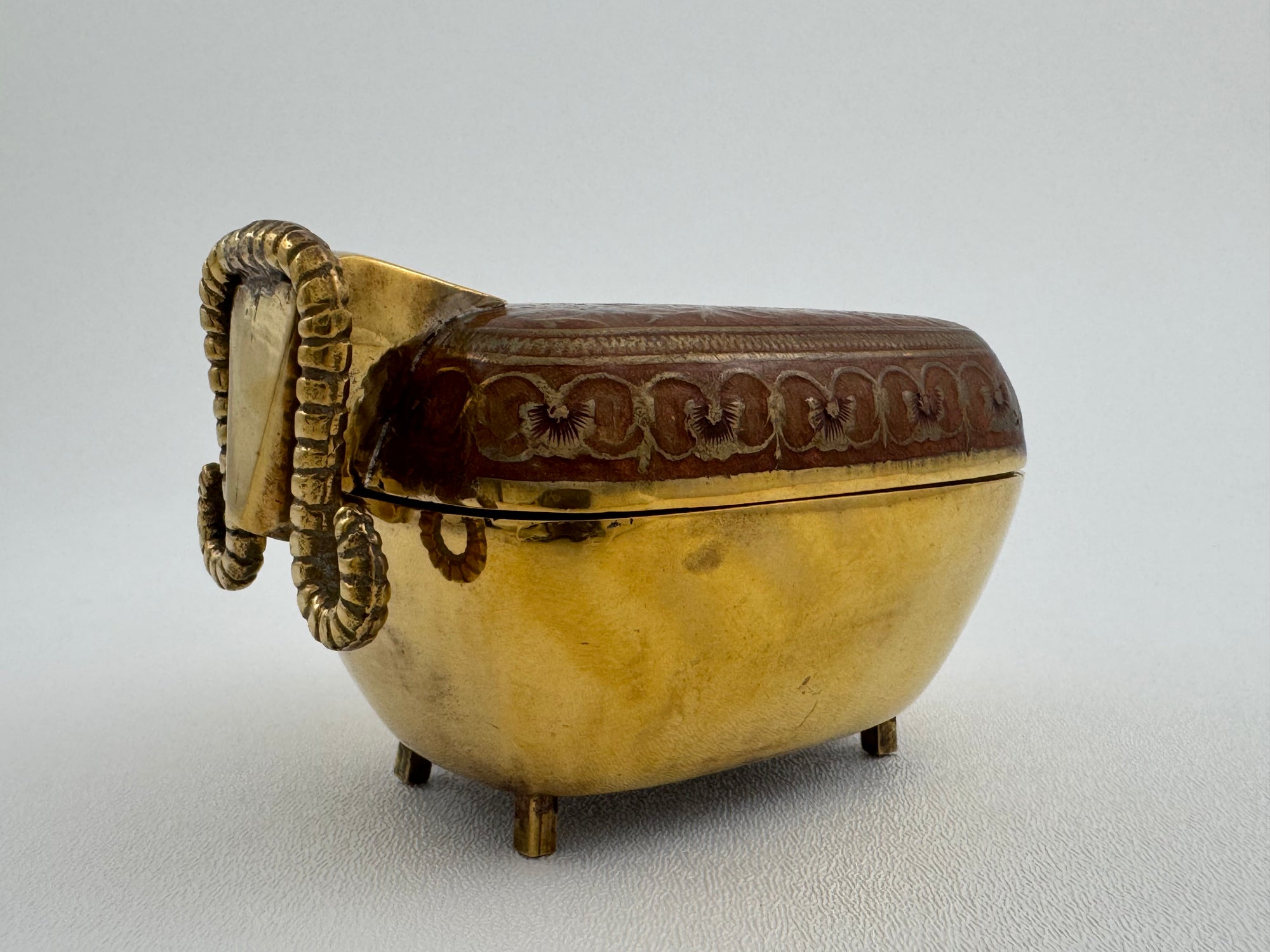Vintage Brass Goat Trinket Dish With Enameled Etchings