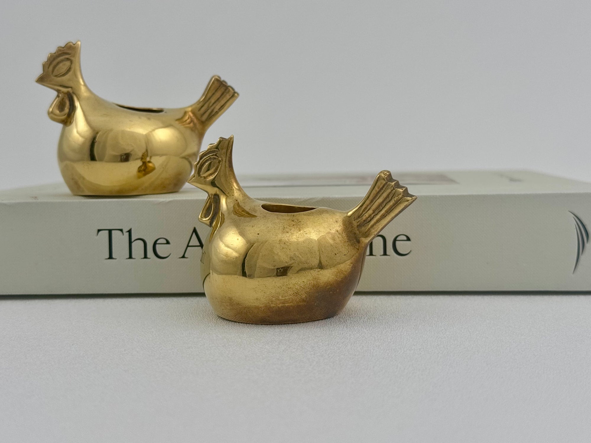 Pair of Small Vintage Brass Hen Candlestick Holders – Whimsical Farmhouse/Eclectic/Folk Art