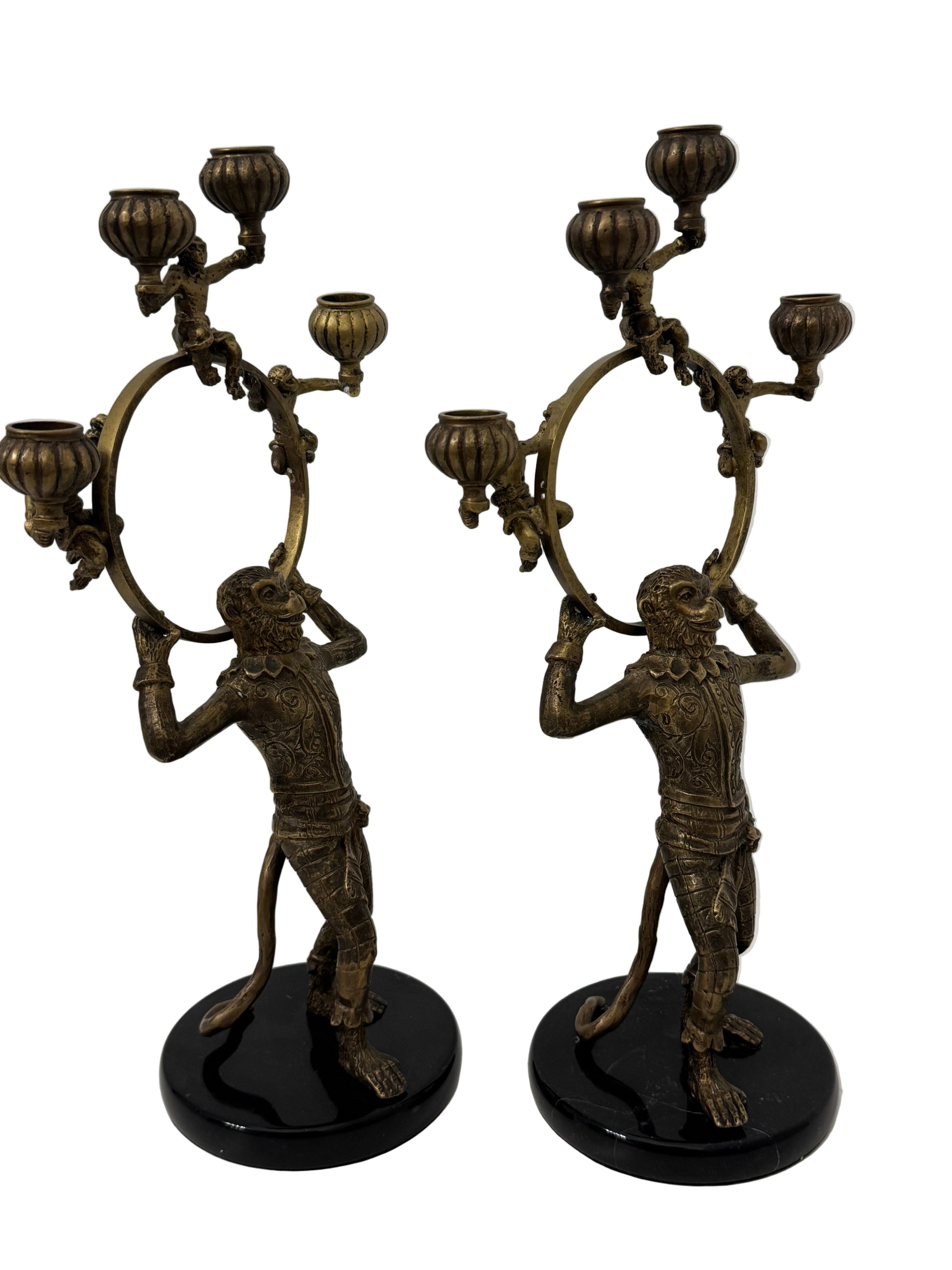 Vintage Brass Monkey Candleholders on Black Marble Bases | Mid-Century Exotic Pair