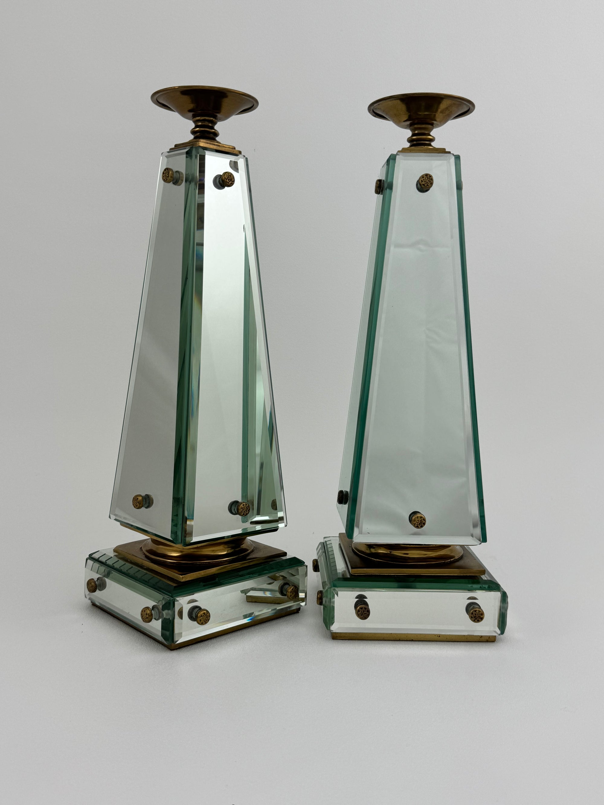 Pair of Vintage Maitland-Smith Mirrored Obelisk Candlesticks
