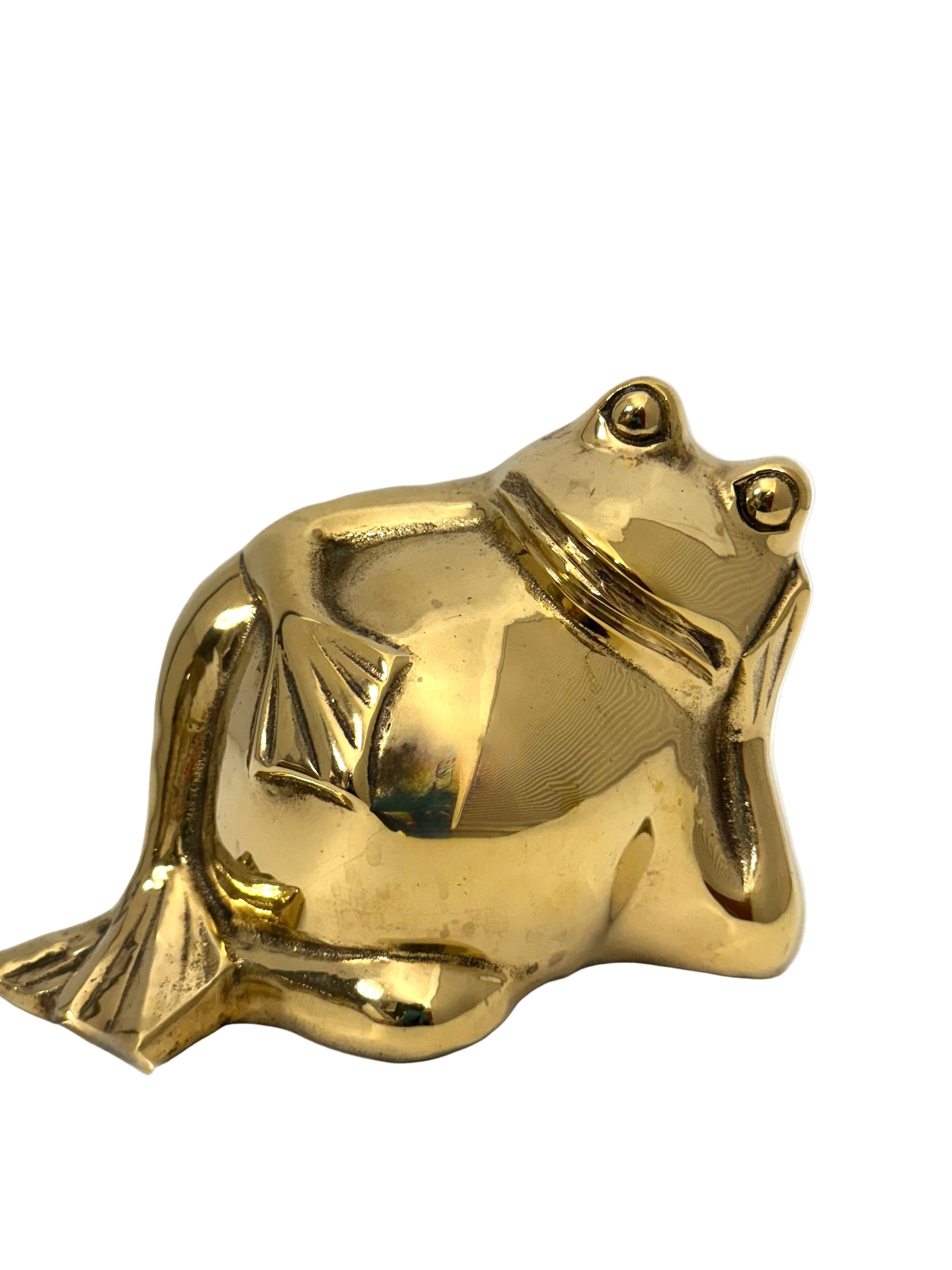 Vintage Polished Unlacquered Brass Relaxed Frog Sculpture Over 3 Pounds- Made in Korea