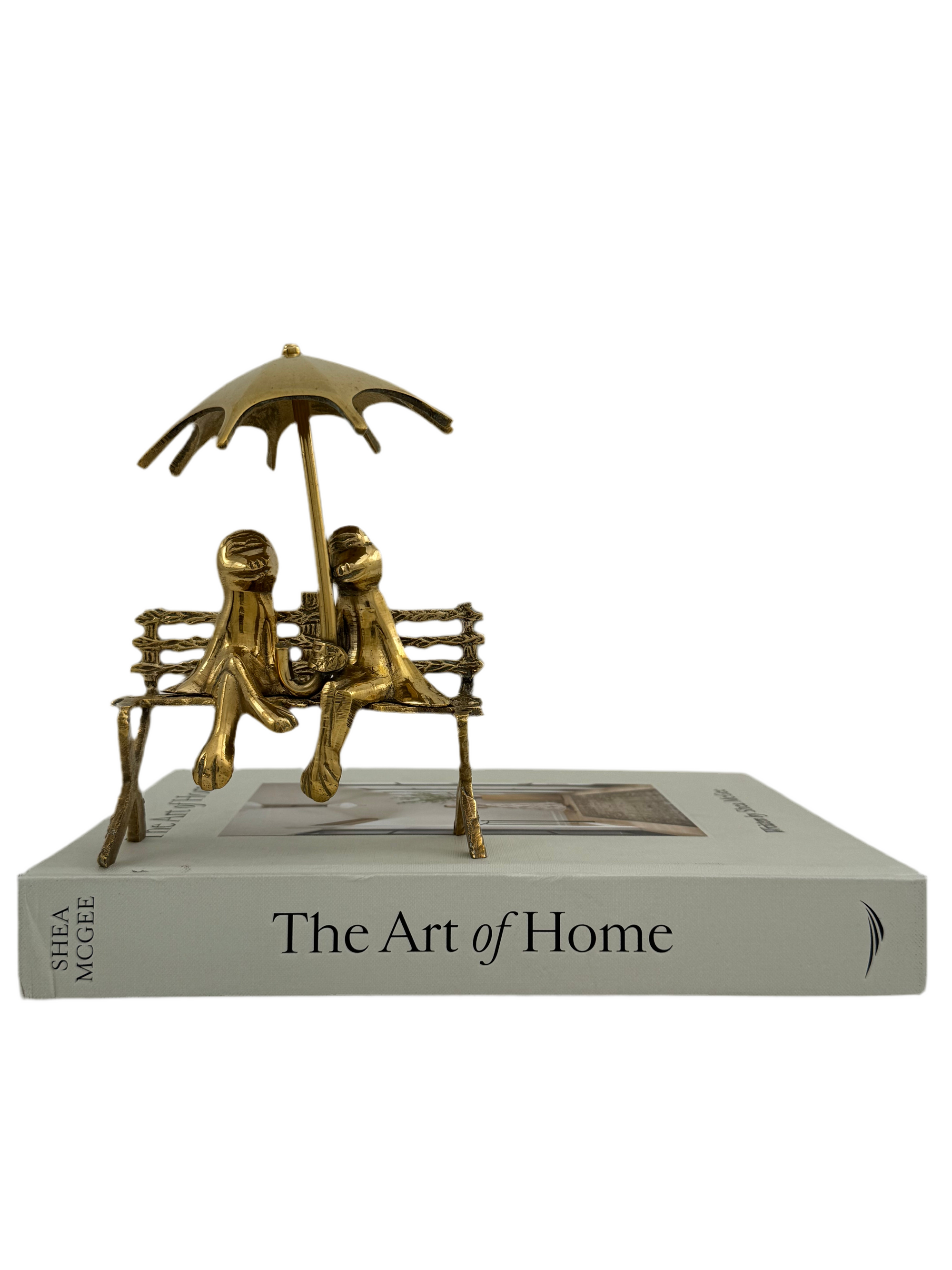 Vintage Brass Charming Frog Couple on Bench Under Umbrella