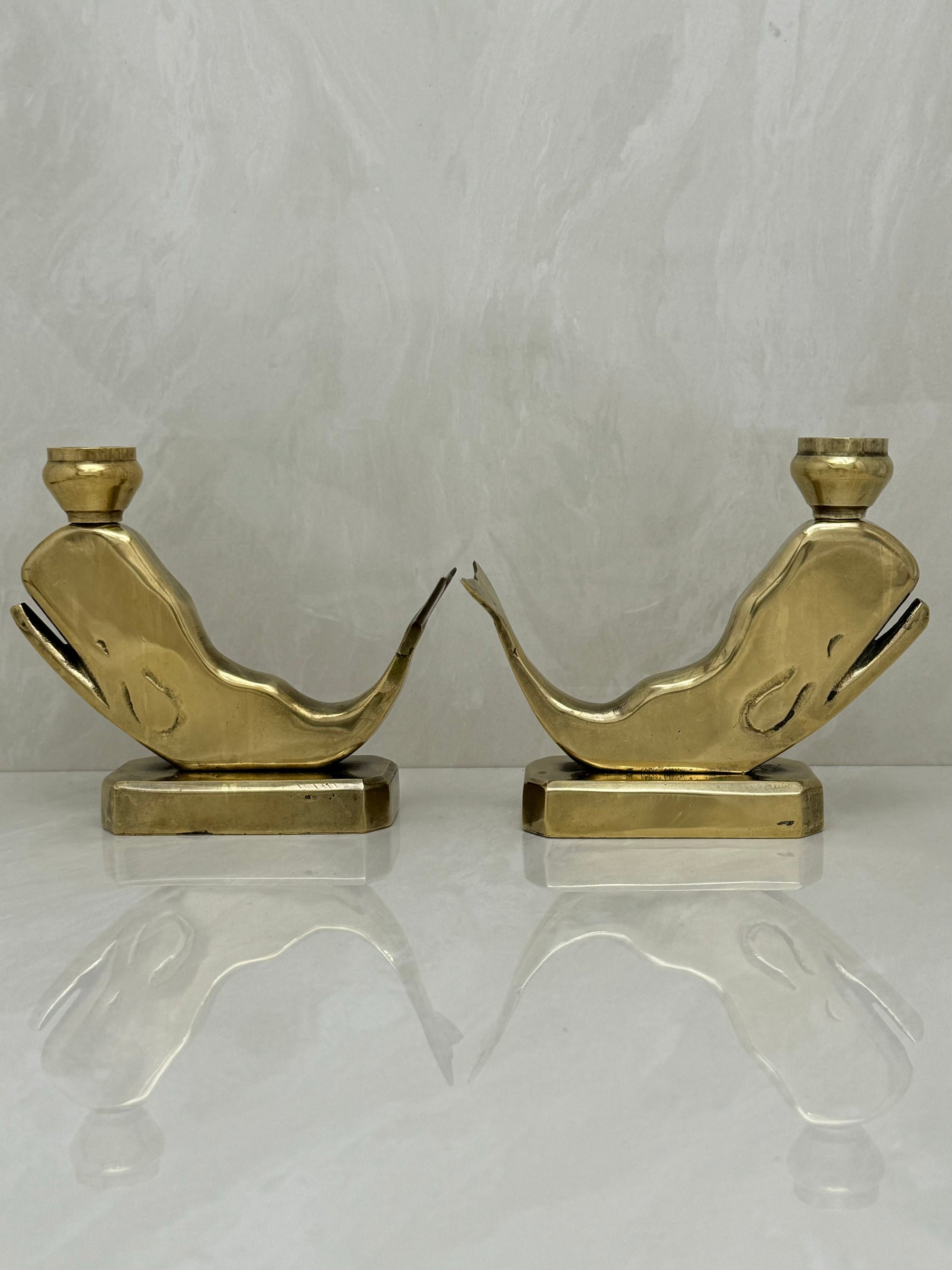 Vintage Brass Whale Candleholders