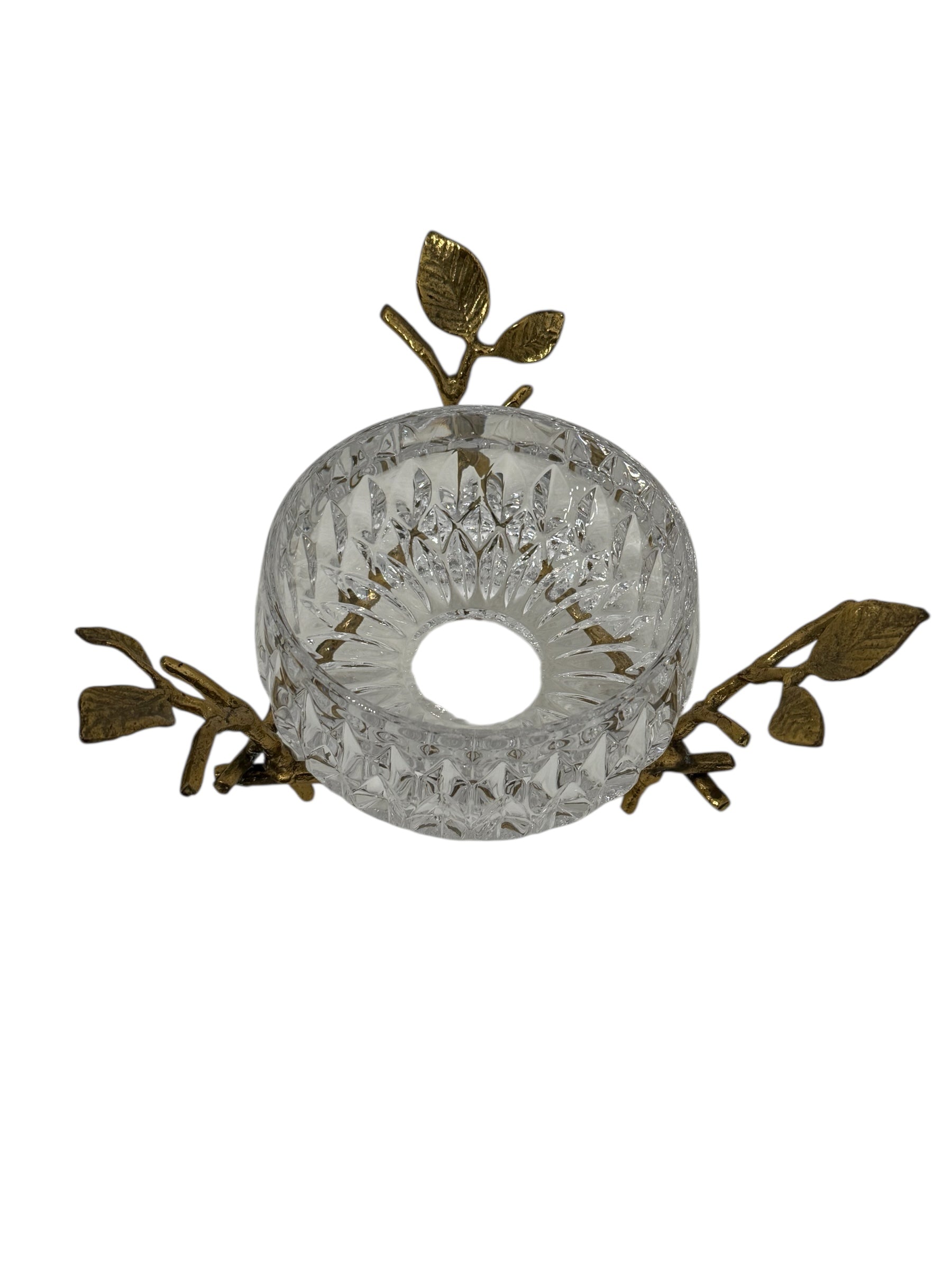 Vintage Cut Crystal Bowl with Ornate Brass Branch &amp; Leaf Stand – Mid-Century Elegance