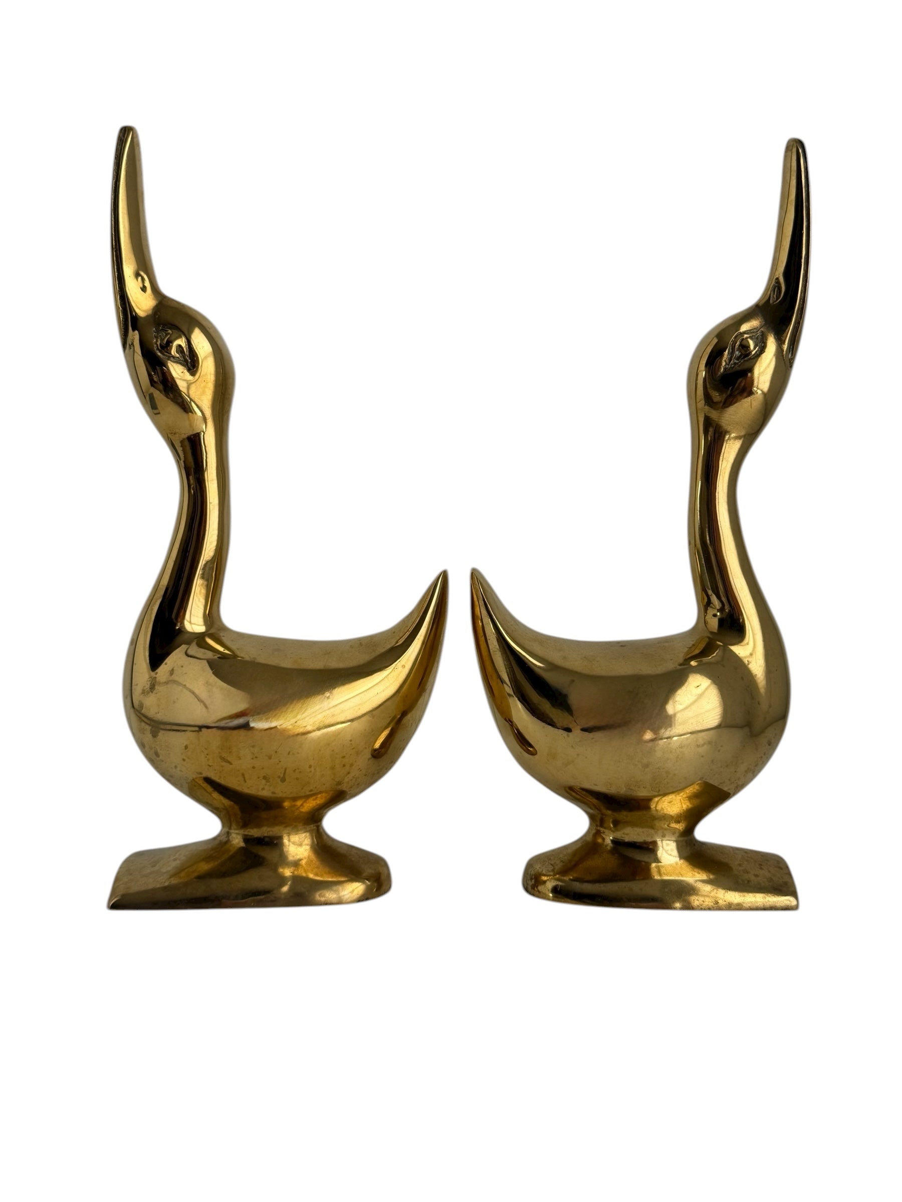 Vintage Polished Brass Geese Sculptures – Elegant Mid-Century Modern Pair