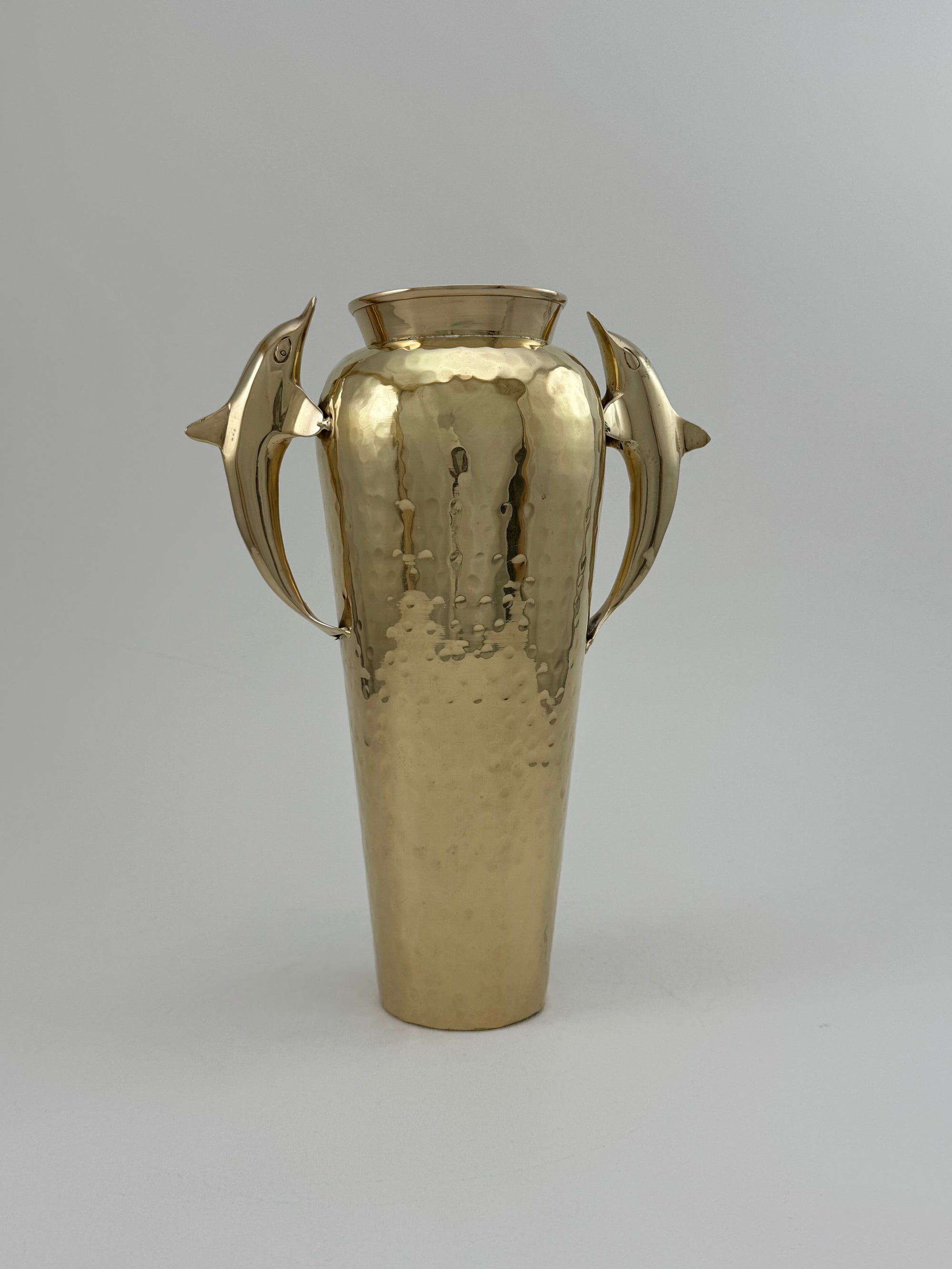 Vintage Brass Dolphin Vase – 12” Tall Hammered Coastal Nautical Decor, Hollywood Regency Style, Dolphin Handles