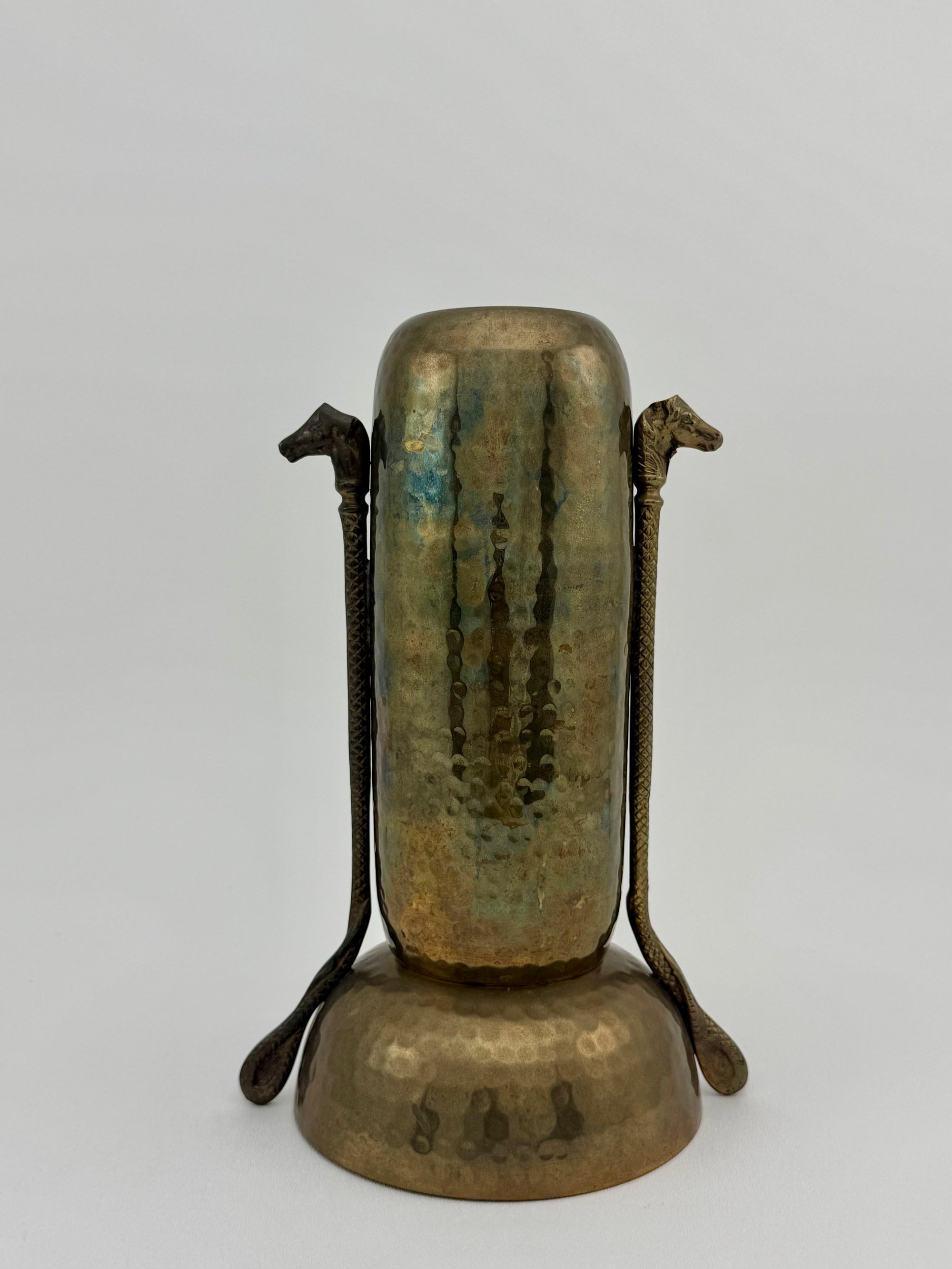 Vintage Brass Hammered Vase With Horse Head Handles