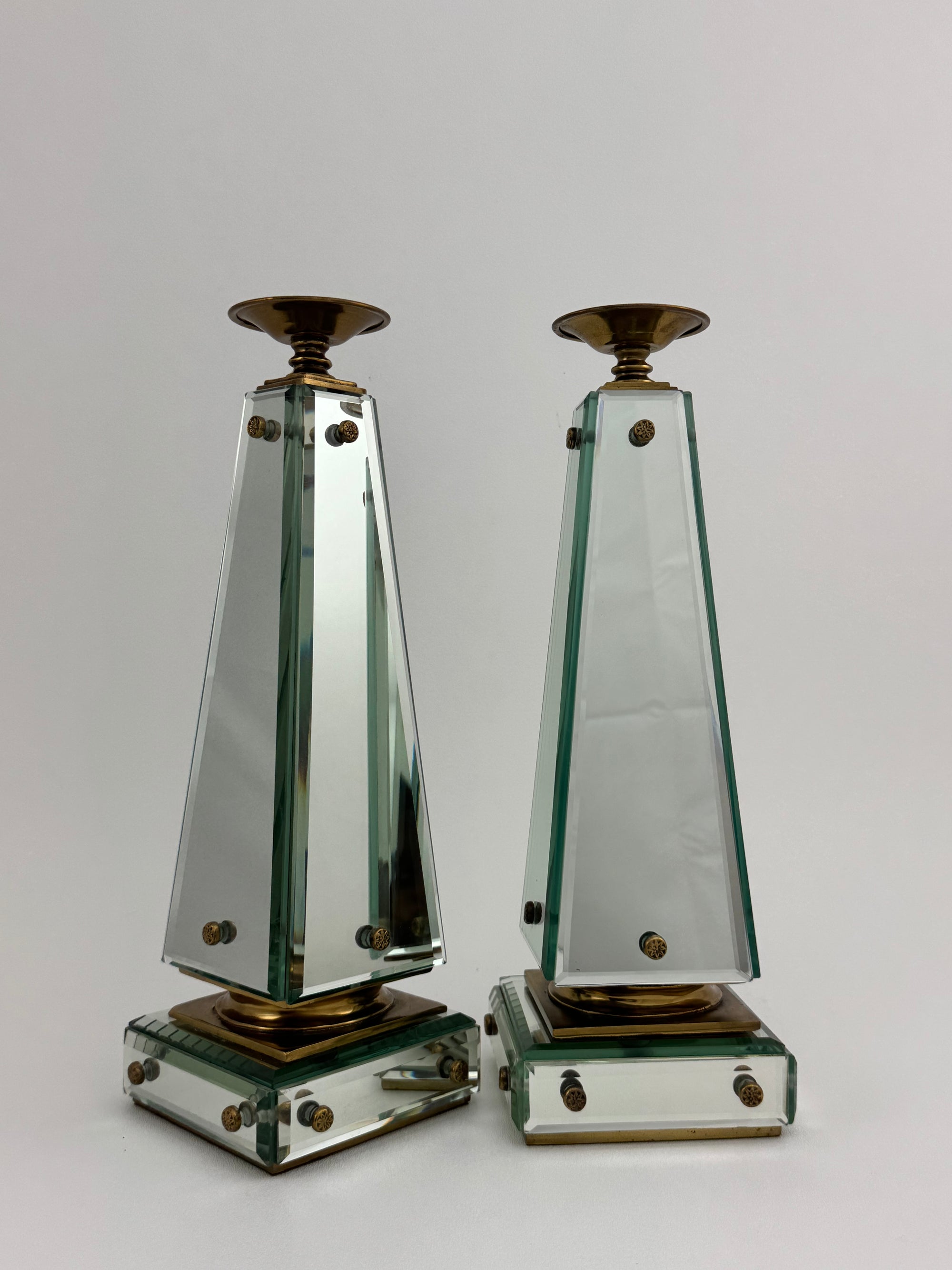 Pair of Vintage Maitland-Smith Mirrored Obelisk Candlesticks