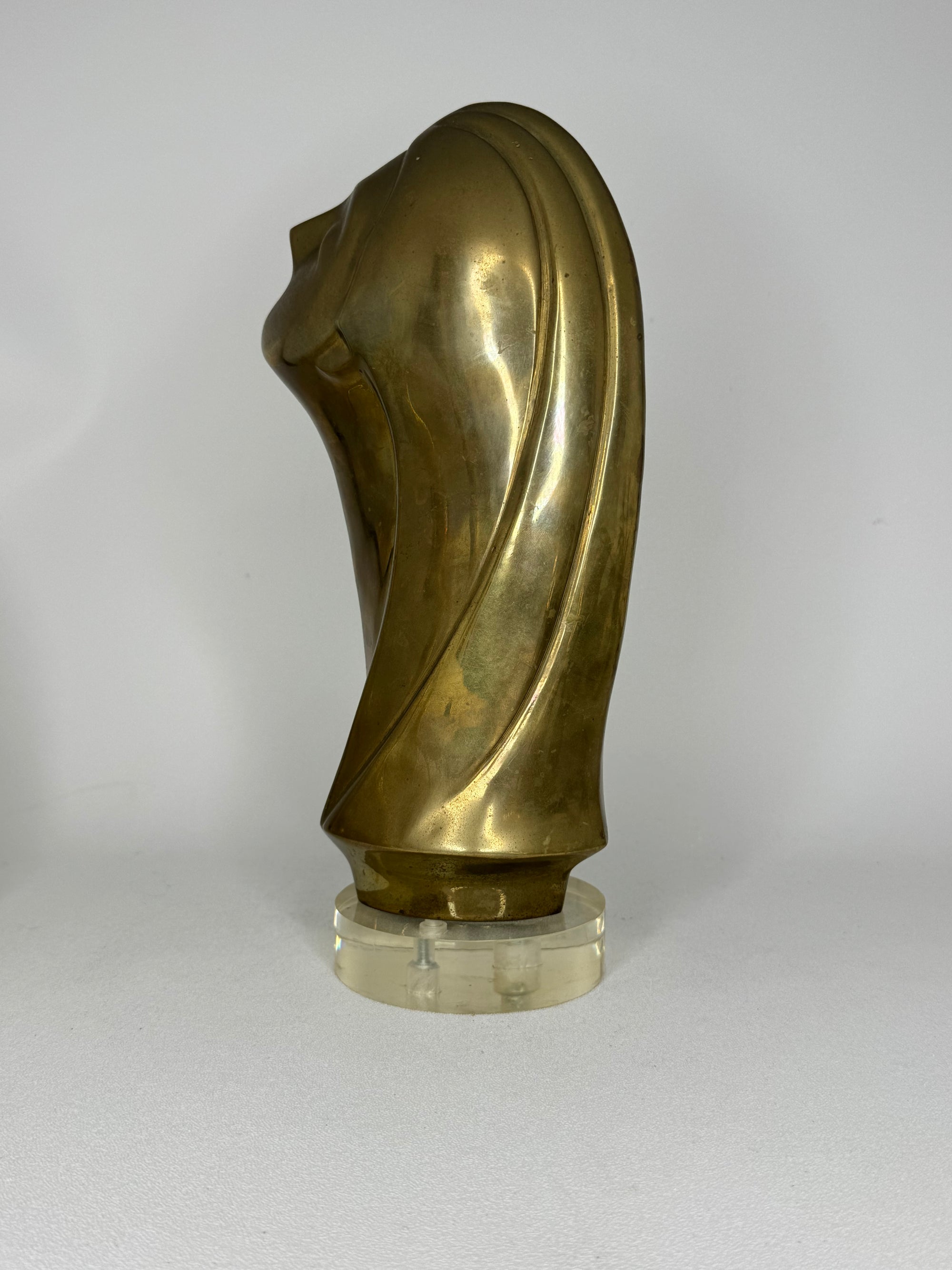 Modernist Brass Female Bust Sculpture | Abstract Woman’s Head, Vintage Brass Art Object on Lucite Base