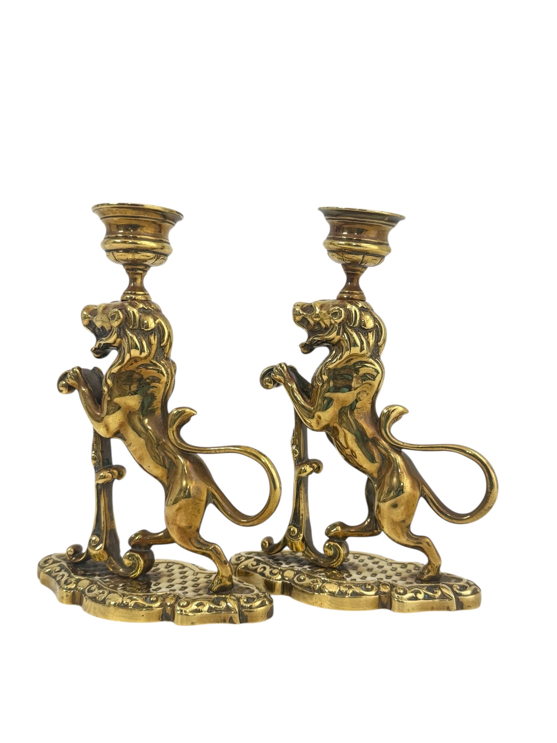 Vintage/Antique Brass Lion Candleholders- A Pair