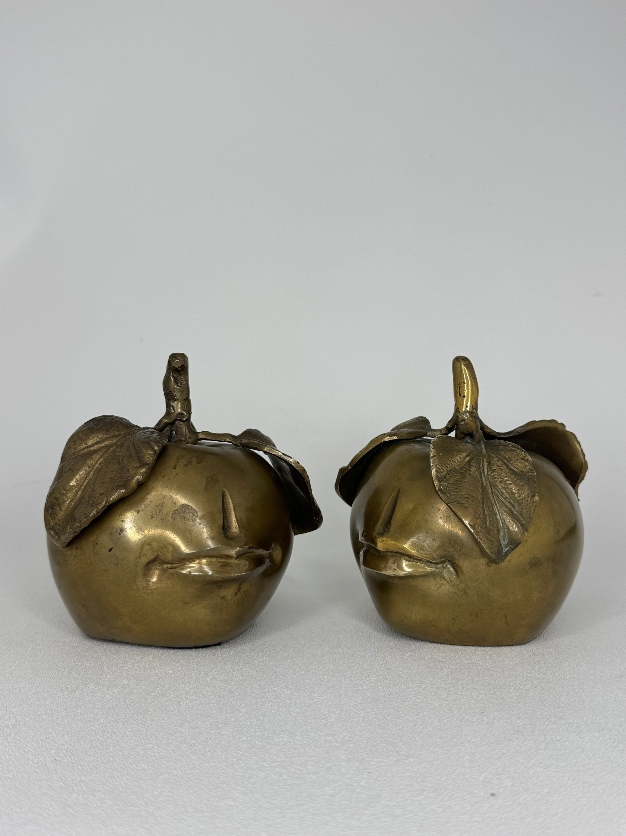 Pair of Vintage Brass Anthropomorphic Apple Sculptures