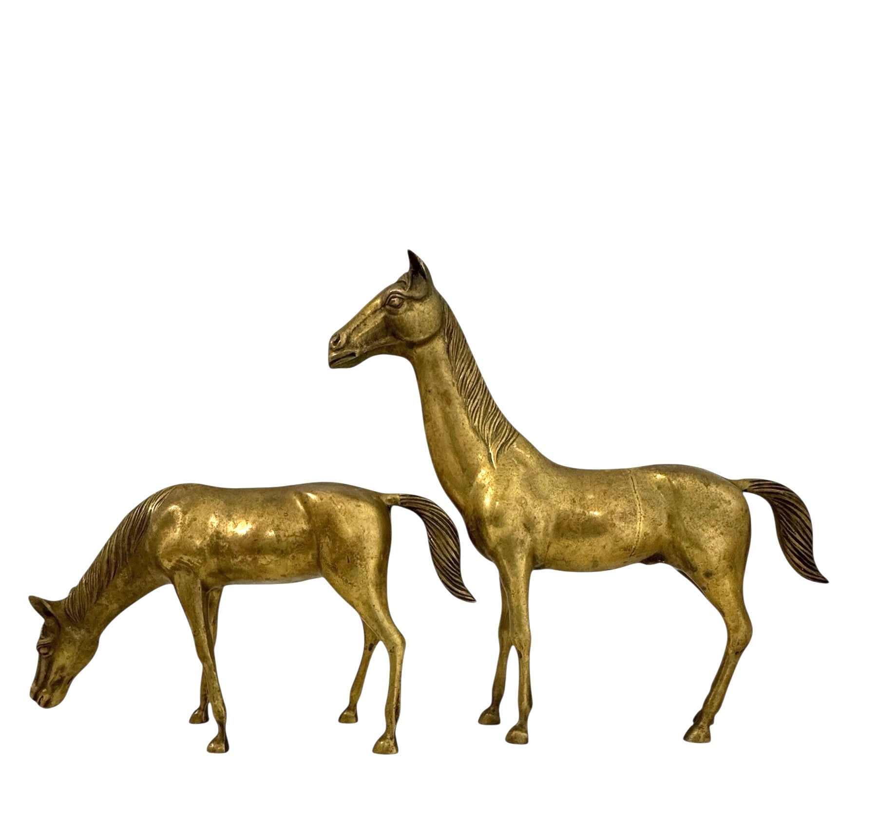 Large Vintage Brass Horse Sculptures – Grazing and Standing Pair (14.5 and 13.5 inches long)