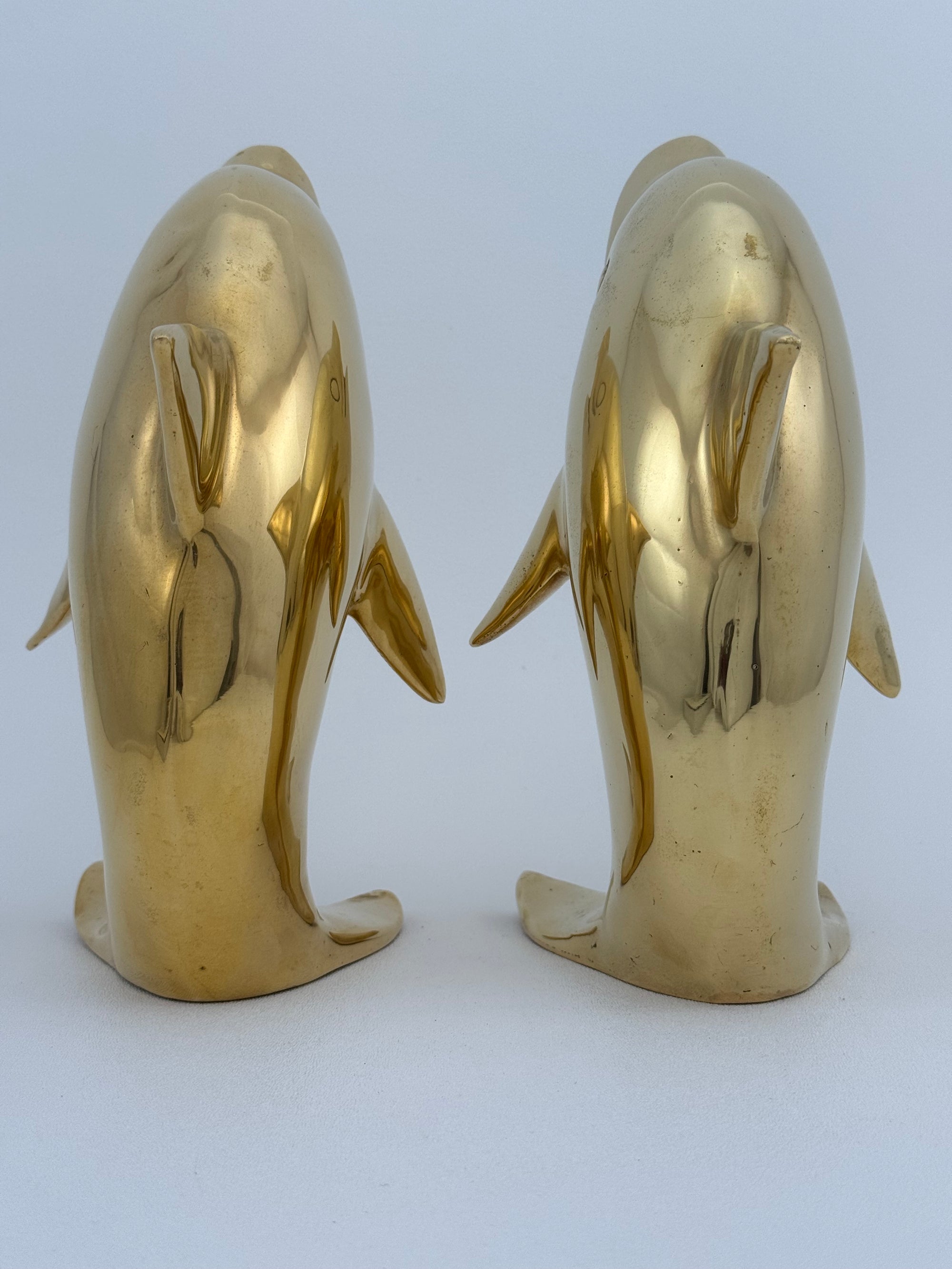 Vintage Solid Brass Dolphins – 10” Coastal Wishing Vessels/Coin Banks-A Pair