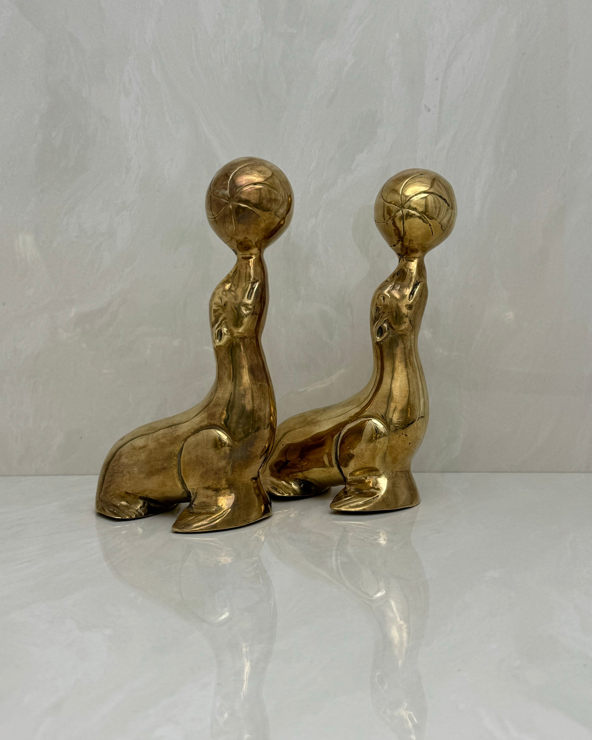 Vintage Brass Seal Bookends with Ball-A Pair