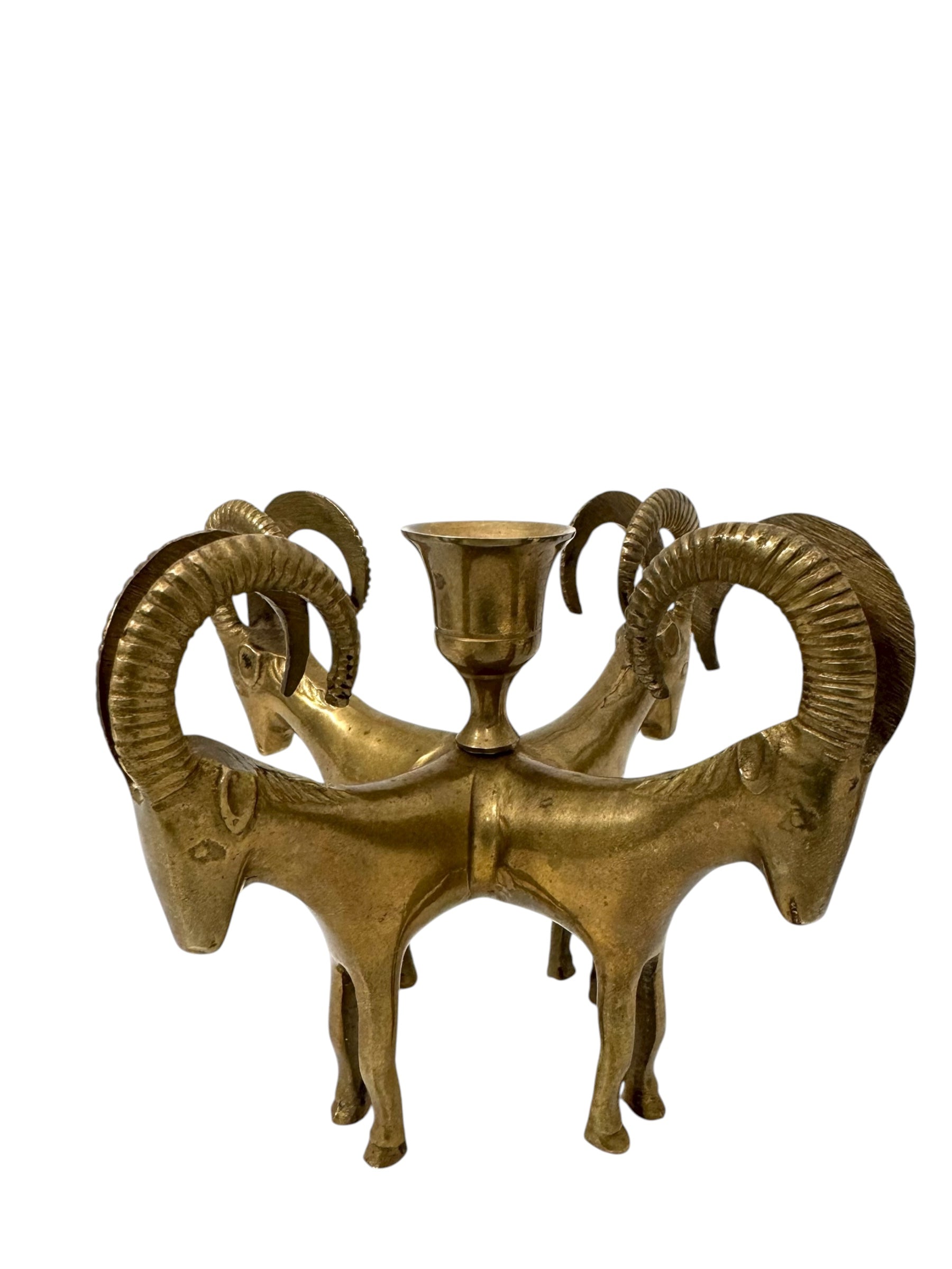 Exceptional Pair of Vintage Four-Headed Ram Brass Candleholders – MCM Sculptural Decor | Hollywood Regency Masterpieces