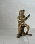 Melodic Croak: Vintage Brass Frog Guitarist on Stump Playing Guitar-Figurine