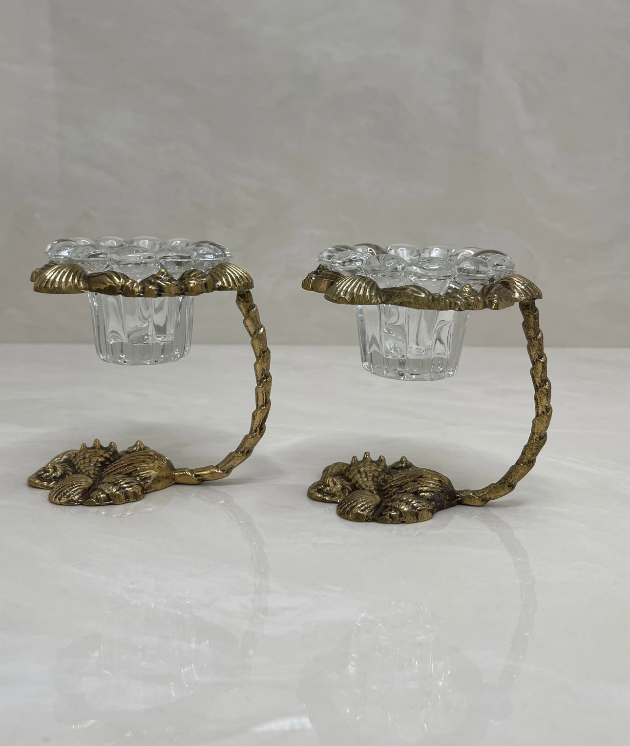 Vintage Brass Shell Candlestick Holder Stands with Glass Inserts- A Pair